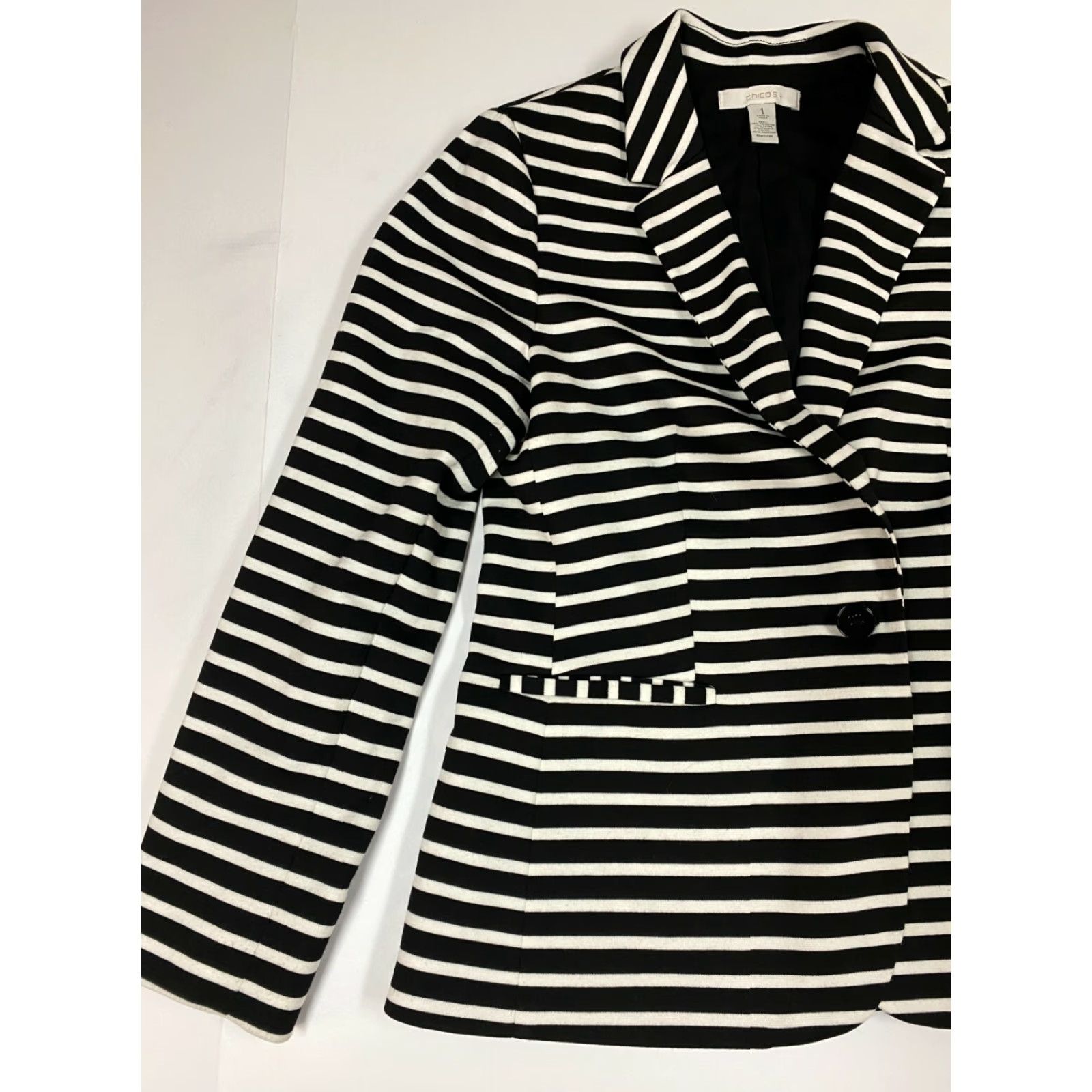 Vintage Chico's Blazer Shirt Womens 1 Black Striped Mid-Length Classic Stretch Lined Polyester Rayon Business Casual Winter Womens - no holes or tears Size XS / US 0-2 / IT 36-38 - 3 Thumbnail