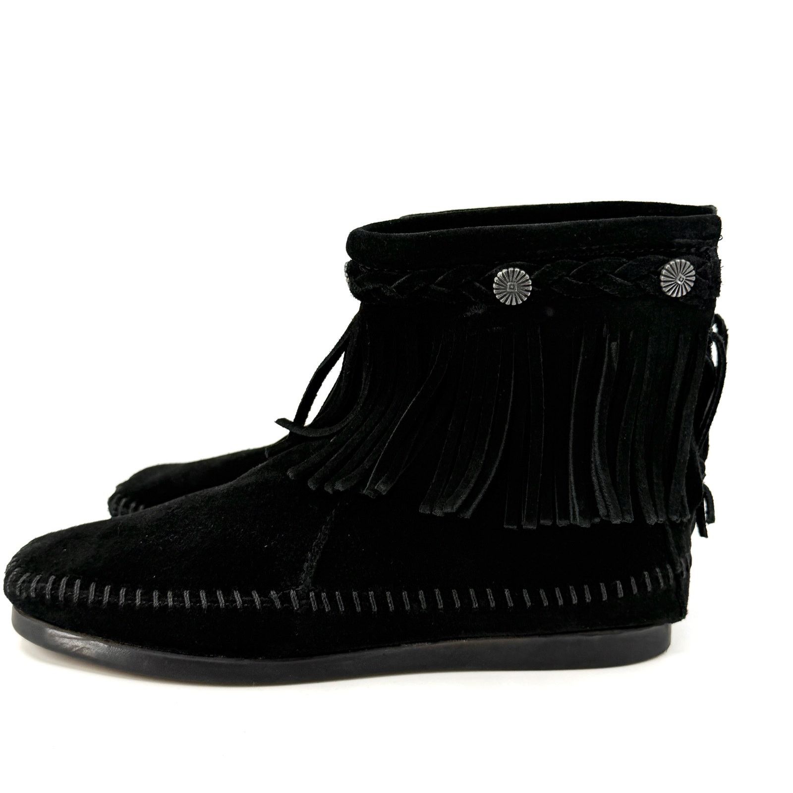Minnetonka Black Genuine Leather Fringe Back Zip Moccasin Booties Size US 5.5 / IT 35.5 - 7 Thumbnail
