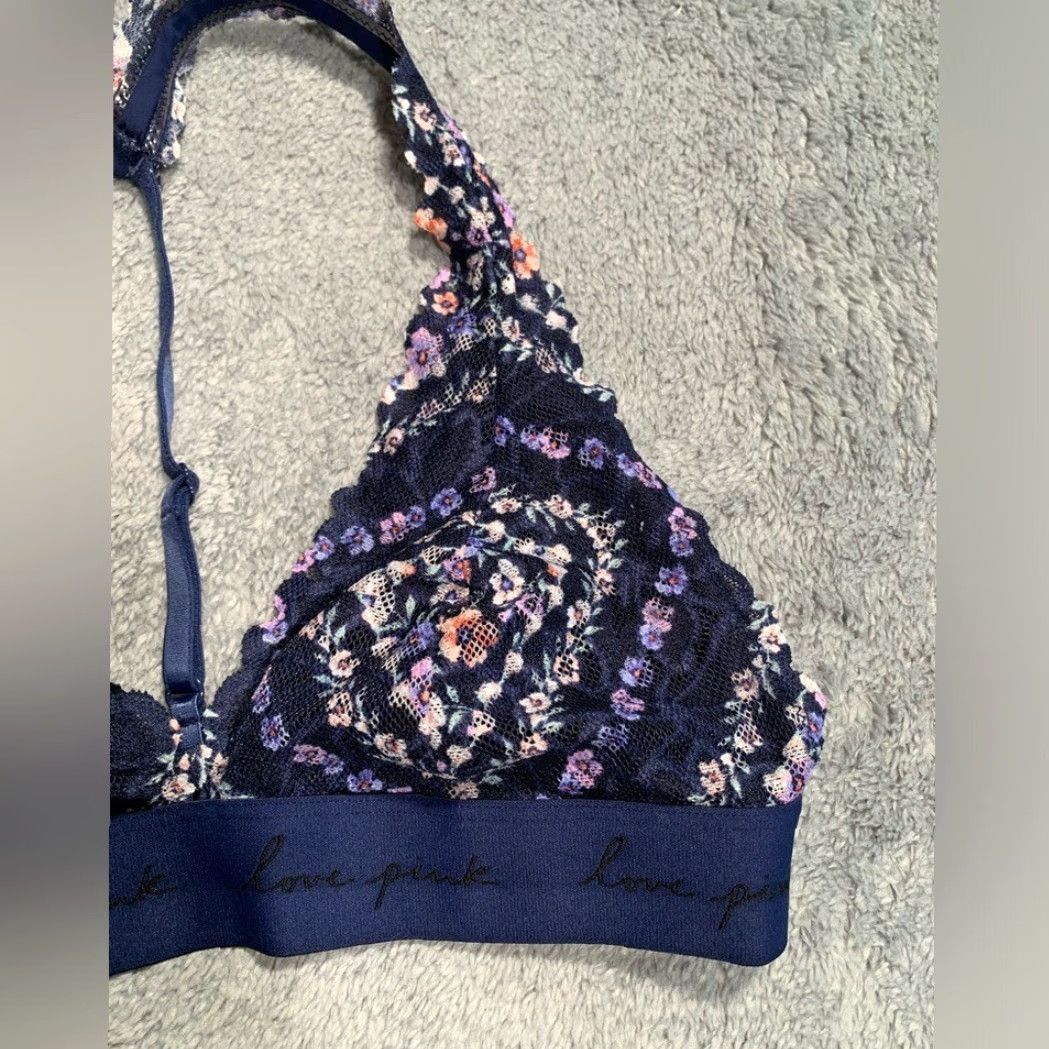 Vintage Victoria's Secret PINK Bralette Blue Floral Lace Bralette S Small Women Slim Lace Bralette Blue Floral - Victoria's Secret Pink Bralette Women S Size ONE SIZE - 3 Thumbnail