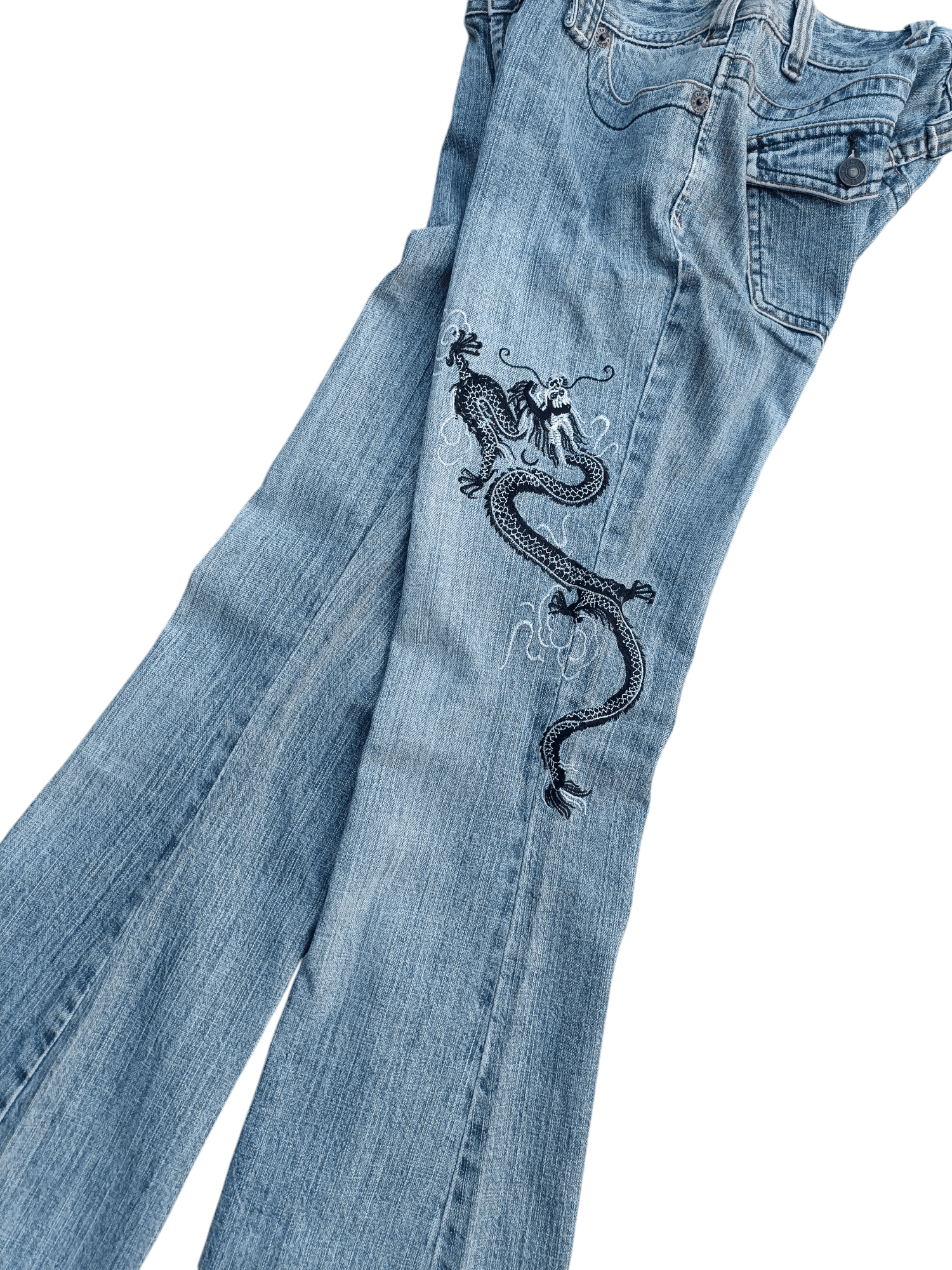 If Six Was Nine × Japanese Brand INSANE Vintage Embroidered Dragon Tribal Flared Denim Jeans Size US 28 / EU 44 - 16 Thumbnail