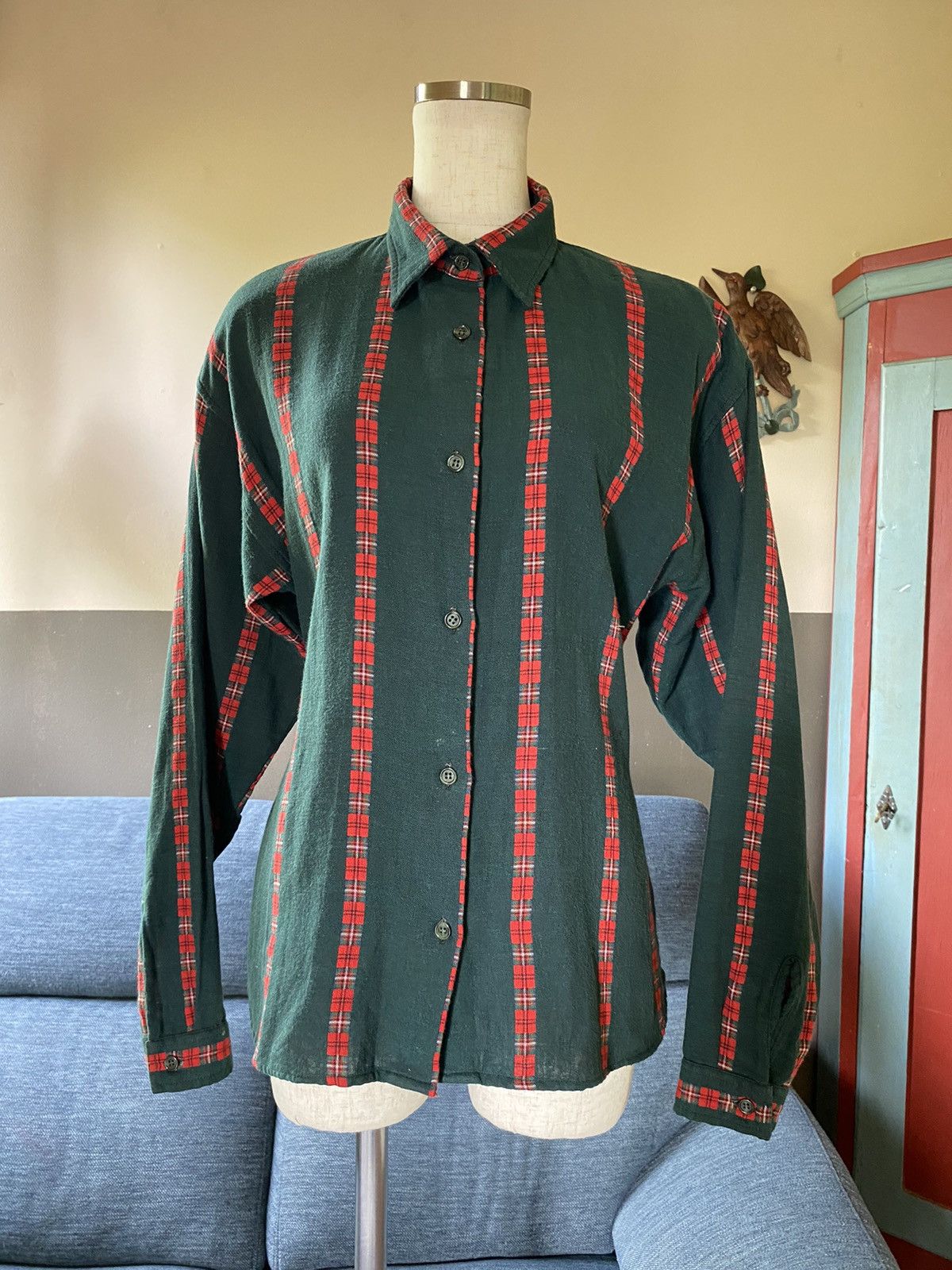 Designer × Vintage NARA CAMICE Green Long-Sleeve Shirt with Red Stripes Size M / US 6-8 / IT 42-44 - 14 Thumbnail