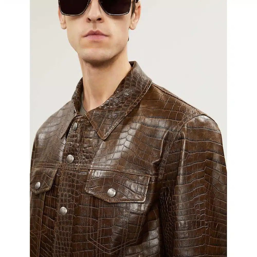 Tom Ford o1loc1c1024 TFL754 Croc Effect Leather Trucker Jacket Brown Size US L / EU 52-54 / 3 - 3 Thumbnail