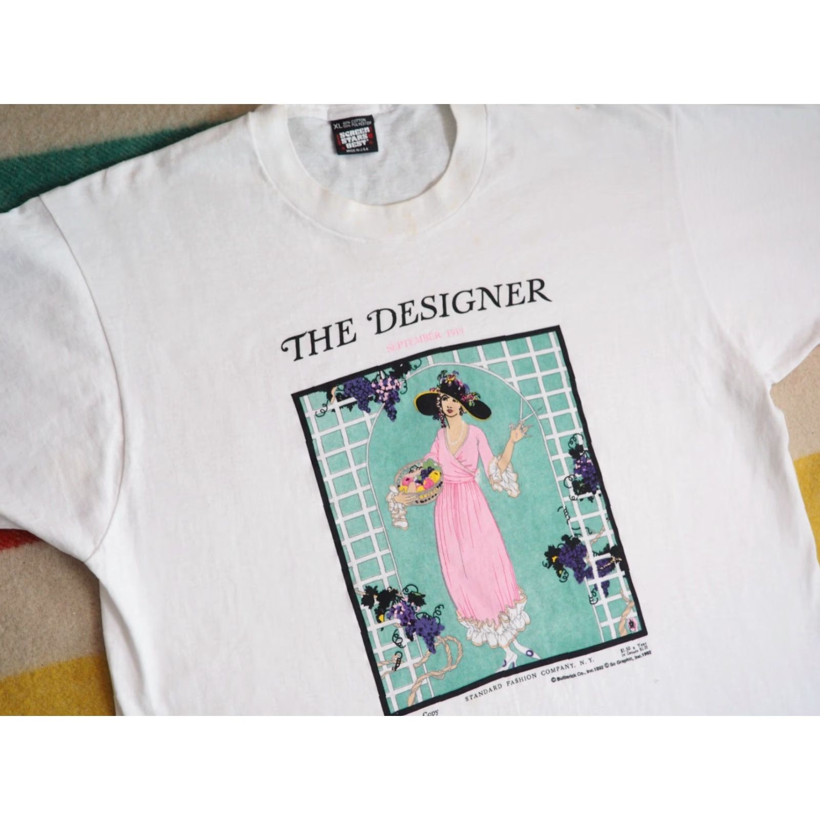 Vintage VTG 90s Screen Stars The Designer Butterick Flapper Art USA White Tee T-Shirt L Shirt Unisex White 1990s Graphic Tee Mens Womens Boys Girls Size US L / EU 52-54 / 3 - 2 Thumbnail