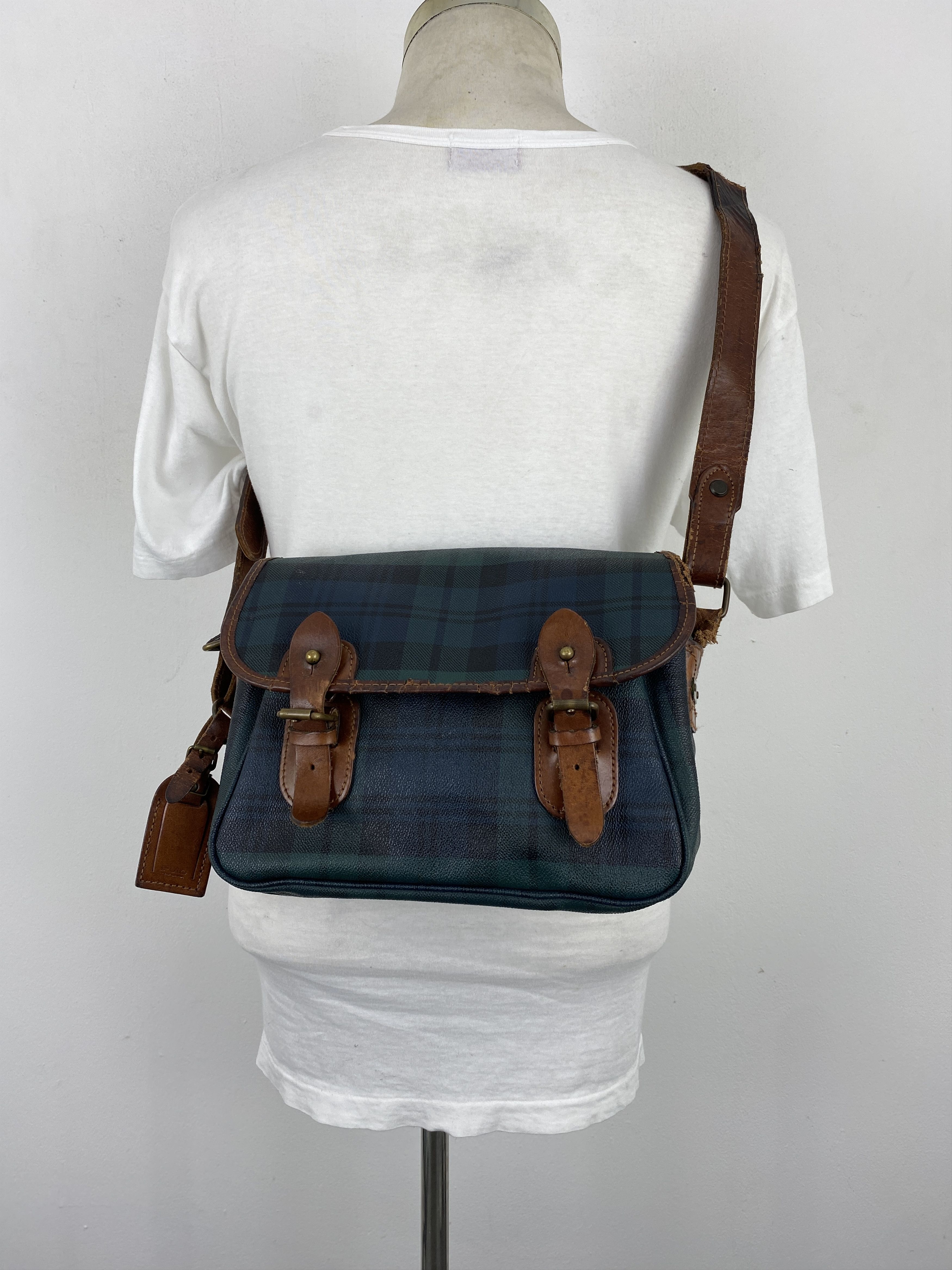 Polo Ralph Lauren × Vintage Vintage 90s Polo RL Plaid Blackwatch Leather Bag BG0108 Size ONE SIZE - 1 Thumbnail