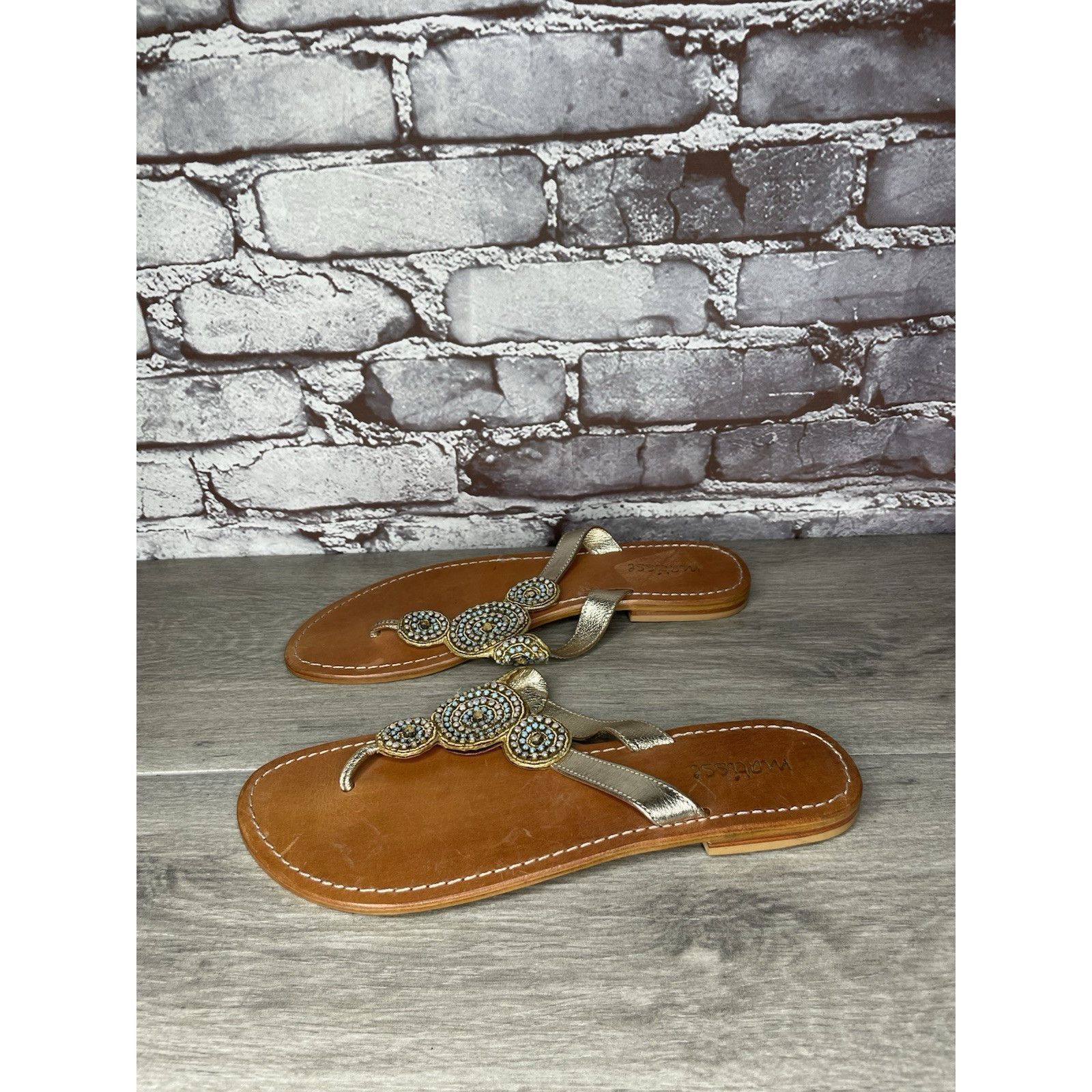 Matiere Studio Matisse Silver Leather Beaded Embellished Flat Thong Sandals Size US 11 / IT 41 - 18 Thumbnail