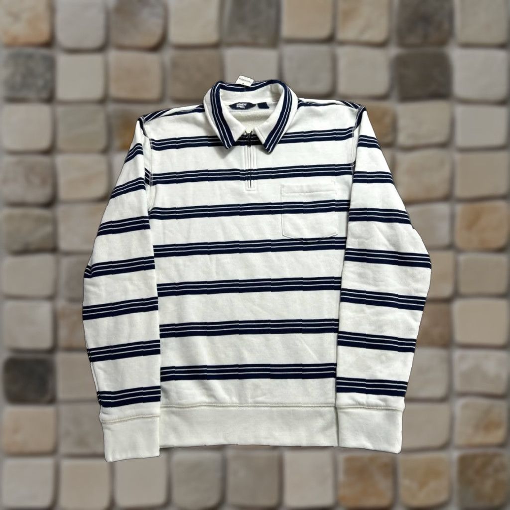 Lands' End Lands' End Rugby Shirt Mens Small Beige Blue Stripes Cotton Ribbed Hem Collared Shirt Polo Casual Knit Breathable Easy Care Zip Size US S / EU 44-46 / 1 - 1 Thumbnail