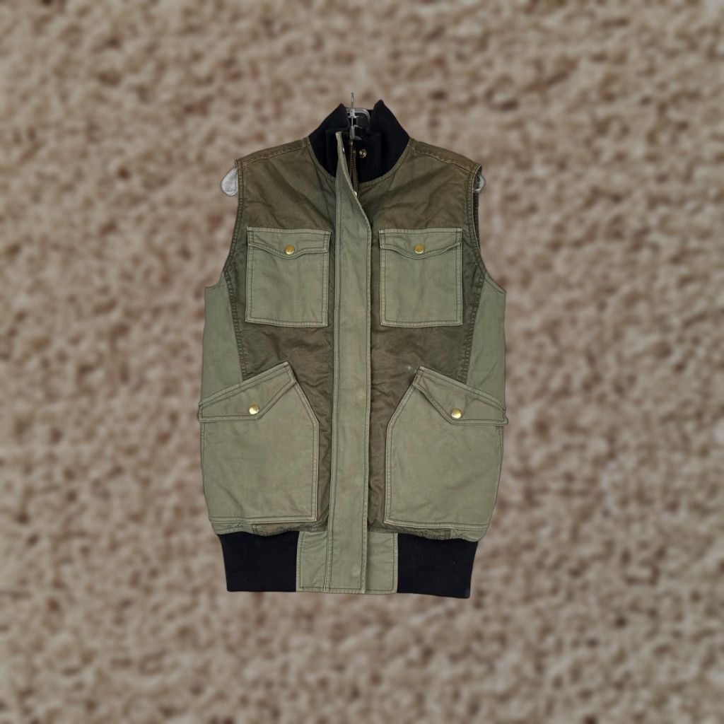 VINTAGE J.CREW Vest Mens Small Green Canvas Quilted Lined Utility Pockets Army