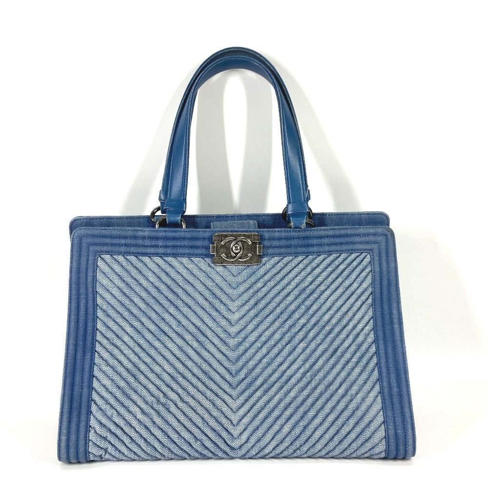 Chanel Boy V-Stitch Briefcase Shoulder Bag Tote Canvas Women Blue (Colour, Color)