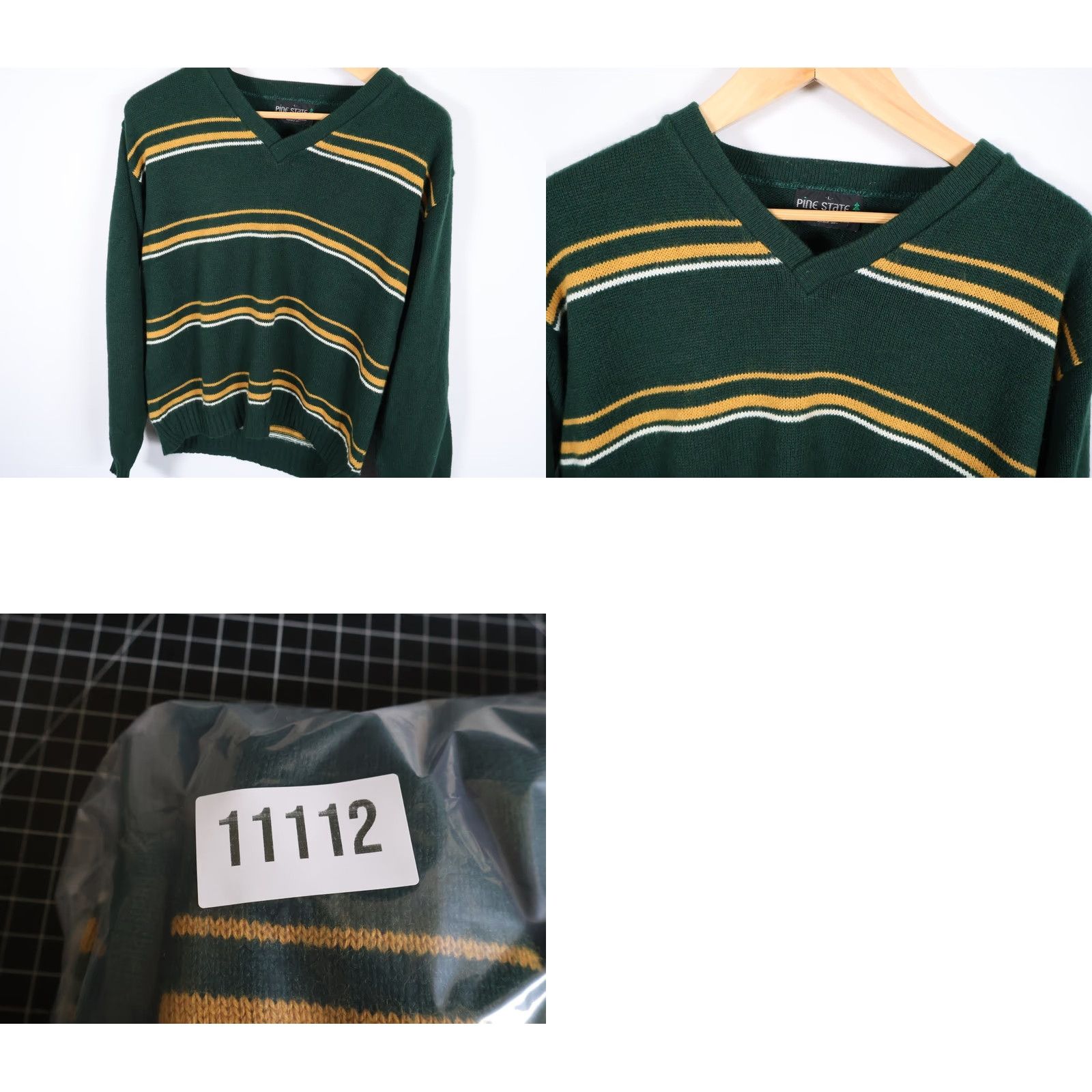 Vintage VINTAGE Mens Large Green Yellow Striped V-Neck Sweater Shirt Pullover 80s 90s Preppy Casual Lightweight Knit Boxy Fit Size US L / EU 52-54 / 3 - 8 Thumbnail