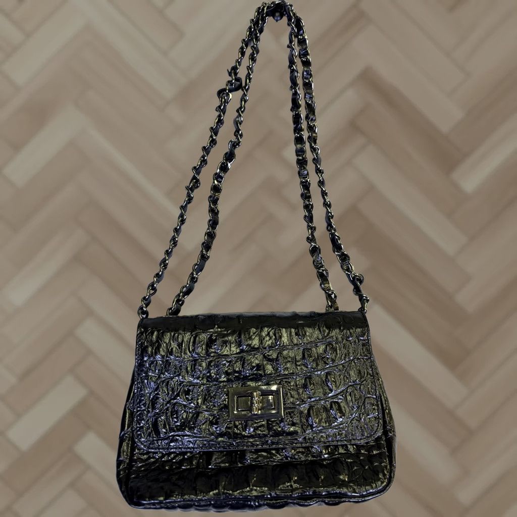 Vintage Scheilan Shoulder Bag Womens Mini Black Crocodile Leather Chain Strap Turn Lock Size ONE SIZE - 1 Thumbnail