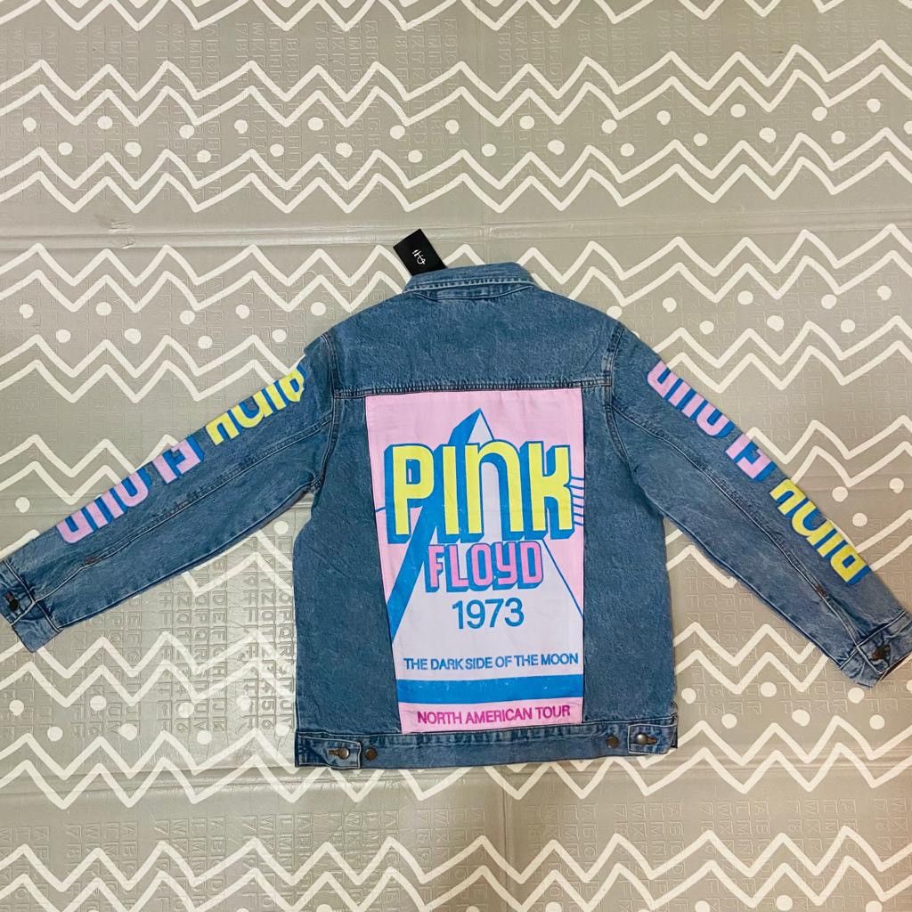 image of Retro Pink Floyd Graphic Denim Jean Jacket Coat in Black, Men's (Size Small)