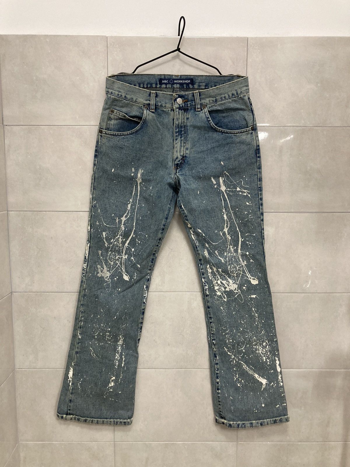 image of Archival Clothing Helmut Lang Style Mbc Workshop Wide Leg Painted Jeans in Light Blue (Size 32)