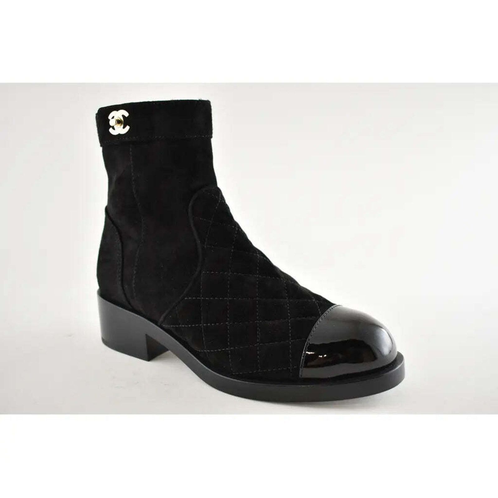 Chanel Chanel 20K Black Suede Quilted Turnlock CC Gold Patent Ankle Size US 5 / IT 35 - 3 Thumbnail