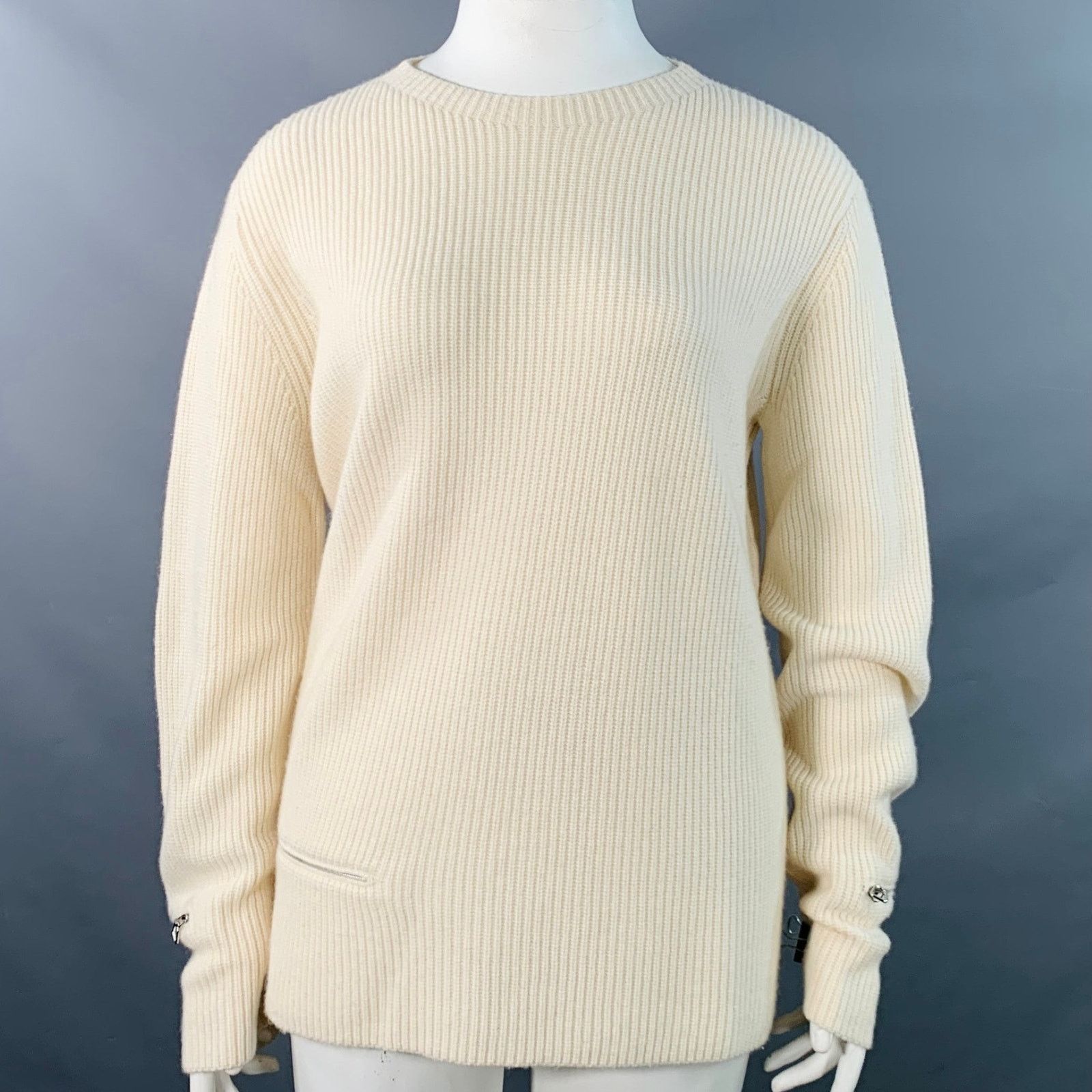 Akris 14 Off White Cashmere Rib Knit Zippers Crew Neck Sweater Size XL / US 12-14 / IT 48-50 - 1 Thumbnail