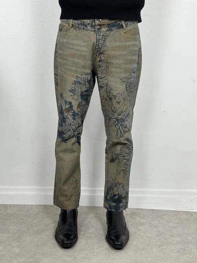 Roberto Cavalli 2000s Cavalli Grey Floral Denim Jeans Size US 31 - 3 Thumbnail