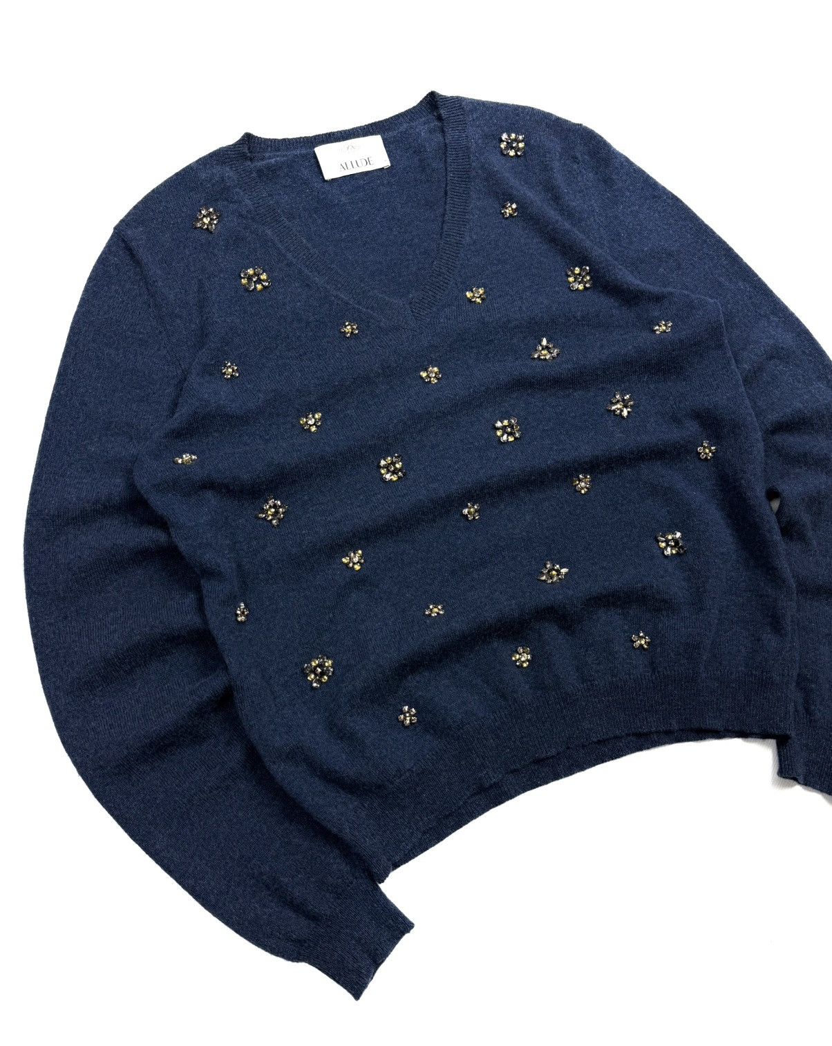Allude Allude Cashmere Wool Crystal Flower V-neck Knit Sweater L Size L / US 10 / IT 46 - 3 Thumbnail