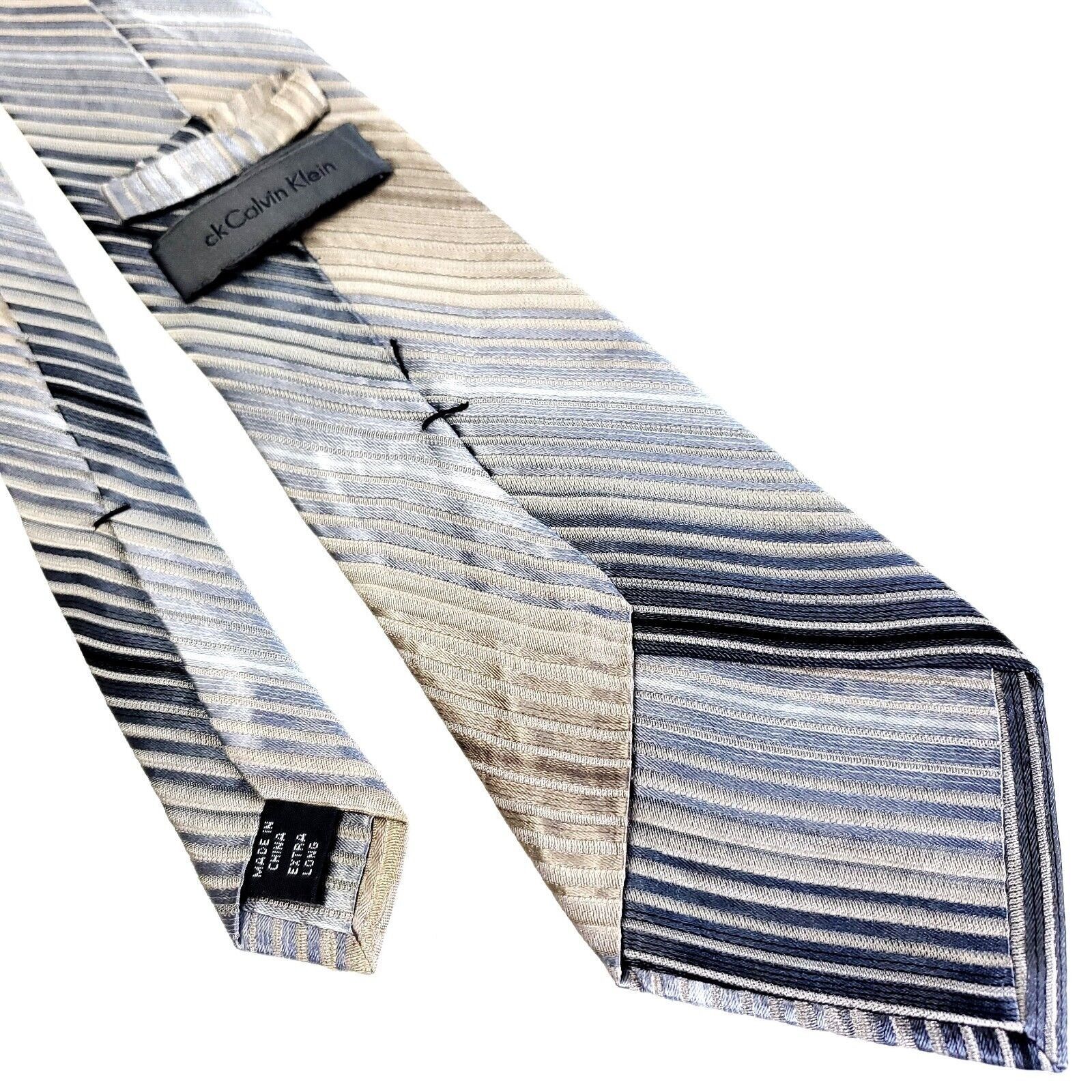 Calvin Klein Calvin Klein Grey Beige Silk Tie Woven Long Striped Size ONE SIZE - 3 Thumbnail