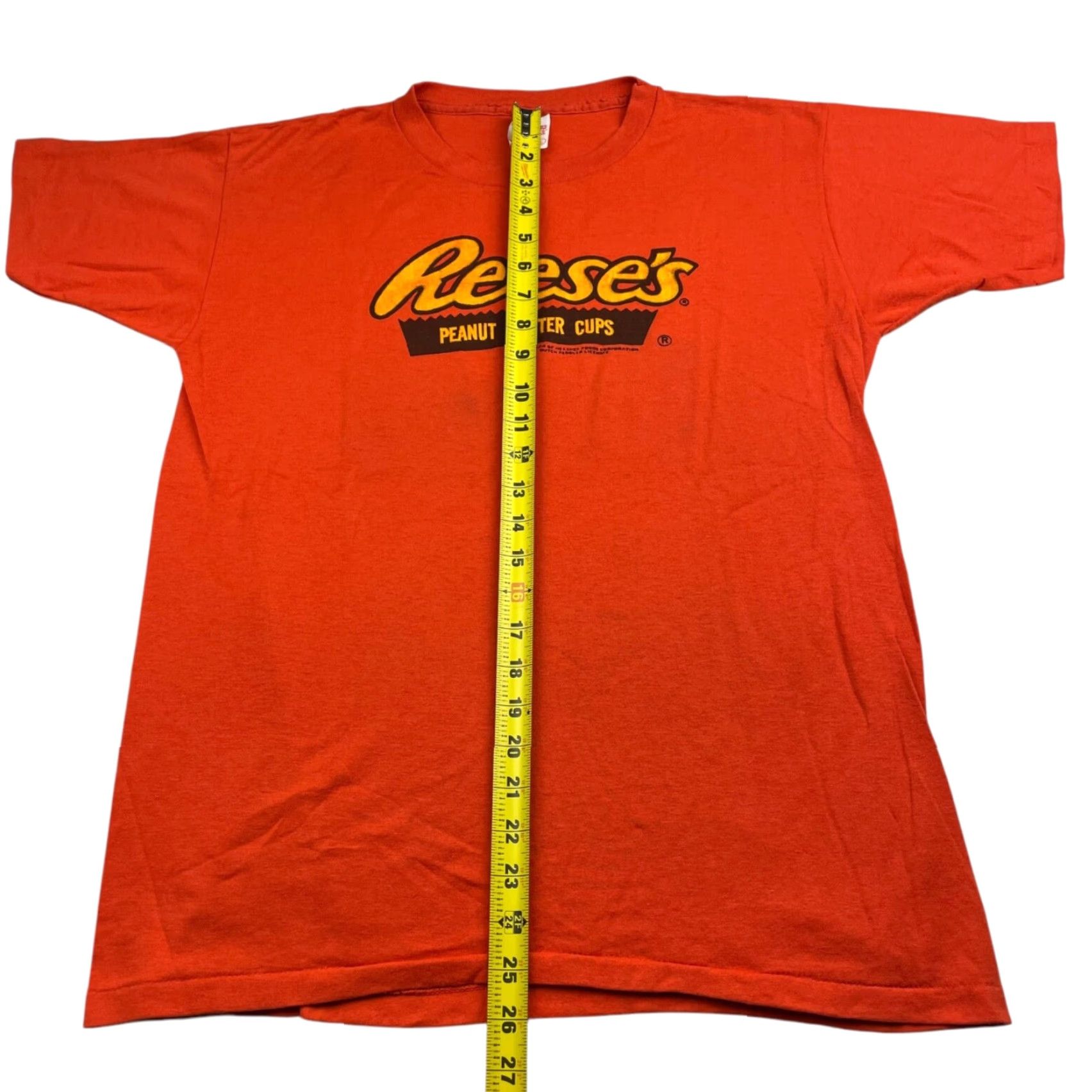 Peanuts VINTAGE Reese's Peanut Butter Cups T-Shirt Orange Large Men VTG USA Thunderbird Sportswear Short Sleeve Cotton/Polyester Single Stitch Graphic Front Size US L / EU 52-54 / 3 - 5 Thumbnail