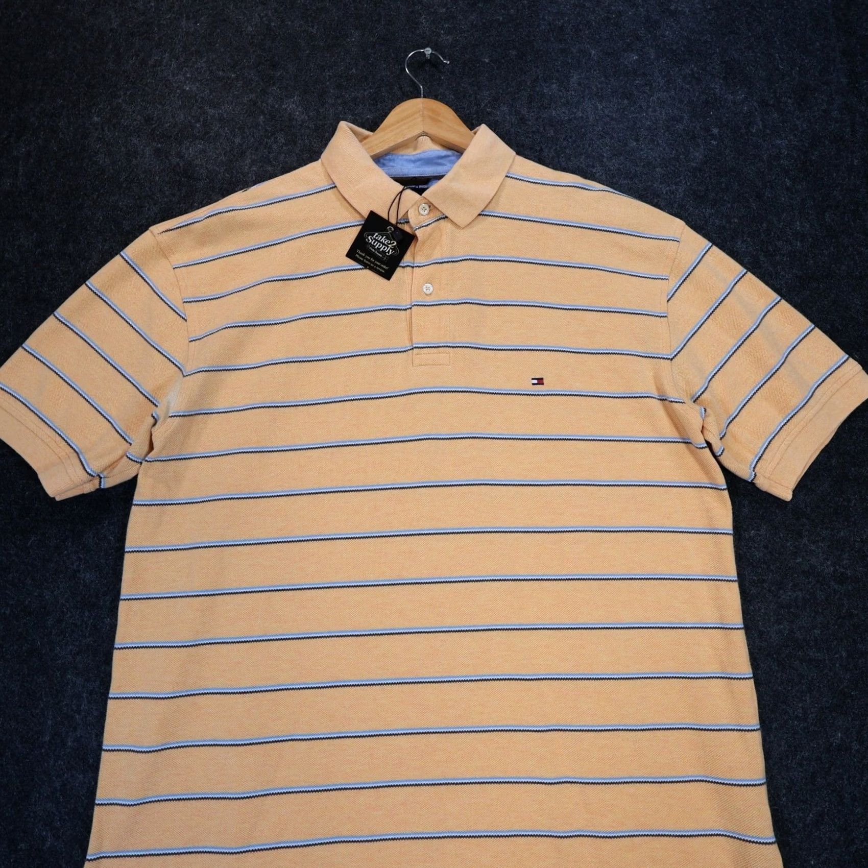 Tommy Hilfiger Tommy Hilfiger Polo Shirt Mens Large Orange Striped Pique Short Sleeve Button Collar Embroidered Logo Classic Fit Mens Size US L / EU 52-54 / 3 - 3 Thumbnail
