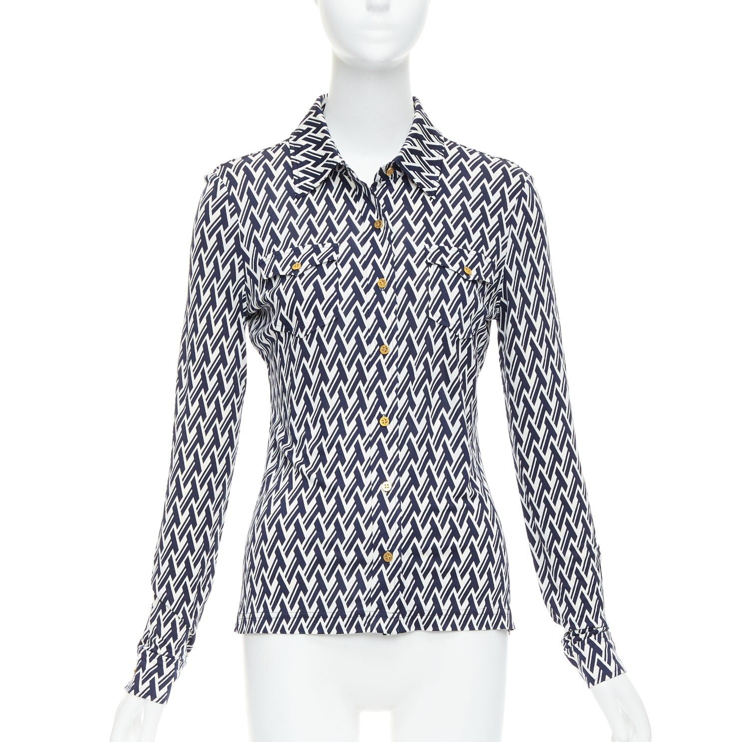 Tory Burch TORY BURCH navy cream T monogram print silk blend shirt XS Size S / US 4 / IT 40 - 1 Thumbnail