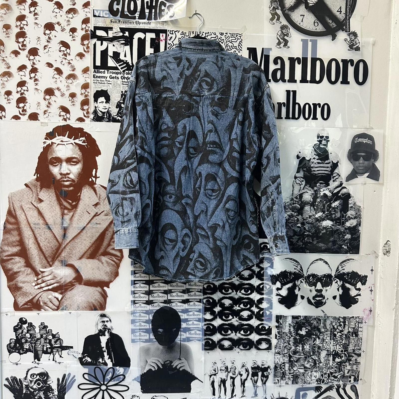 denim jacket with Abstract face all over print