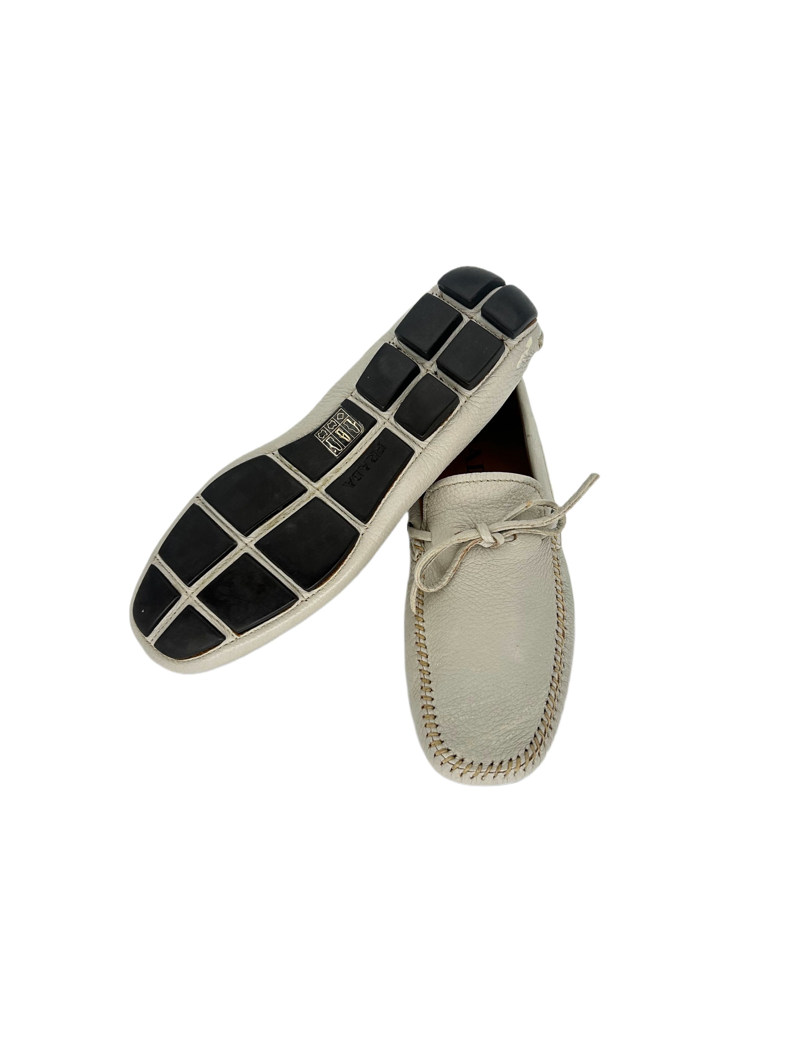Prada Prada Off White Grain Leather 'Driver' Shoe With Lace Detail Size US 6 / EU 39 - 6 Thumbnail