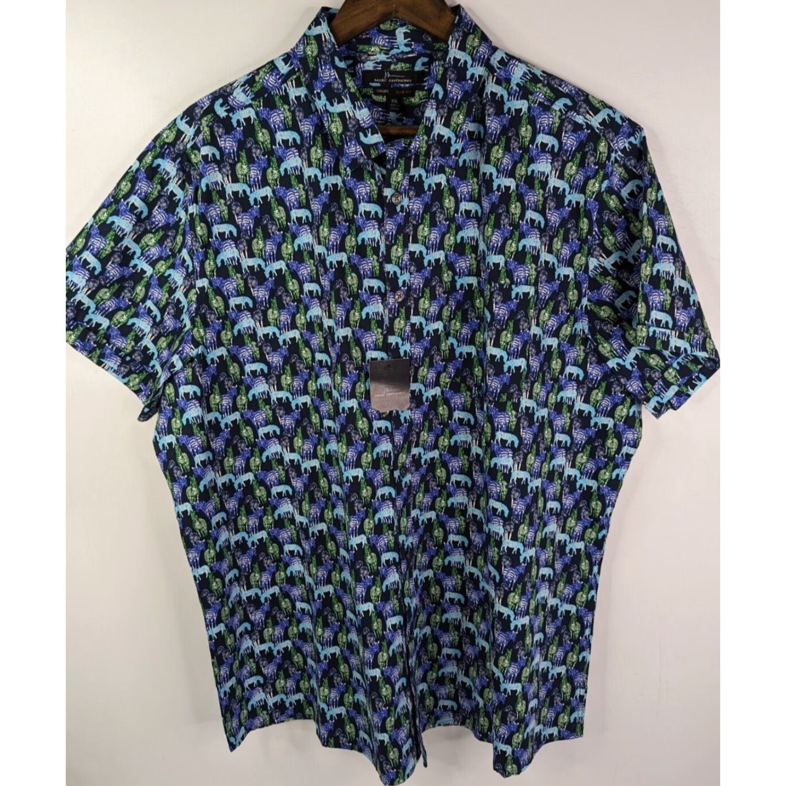Marcs VINTAGE Marc Anthony Blue Zebra Print Luxury Slim Fit Short Sleeve Button Shirt Mens 2XL Size US XXL / EU 58 / 5 - 2 Thumbnail