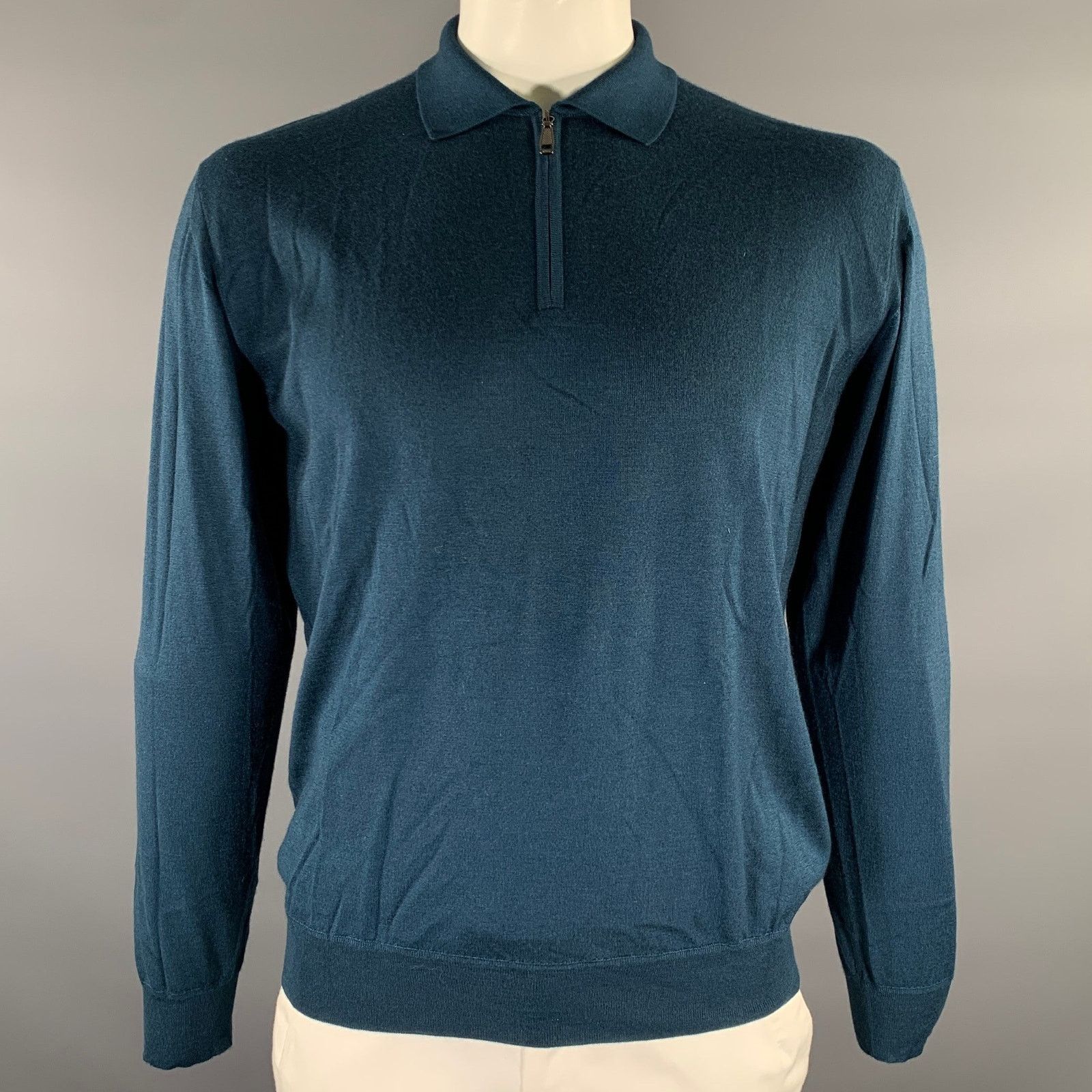 Brioni BRIONI XXL Blue Teal Cashmere Silk Quarter Zip Pullover Size US XL / EU 56 / 4 - 1 Thumbnail