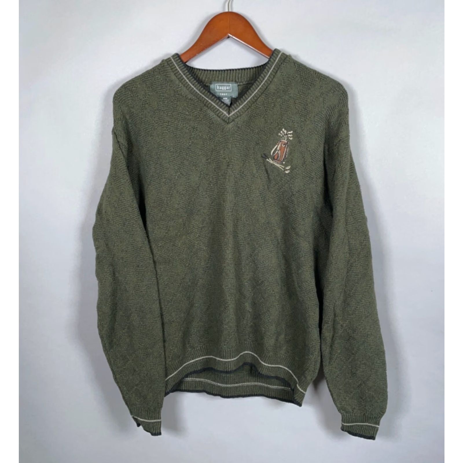 Haggar VINTAGE Haggar Tour Golf Sweater Shirt Adult Medium Green Cotton Blend Heavyweight V-Neck Pullover Men’s 90s Golf Embroidered US Made Size US M / EU 48-50 / 2 - 2 Thumbnail
