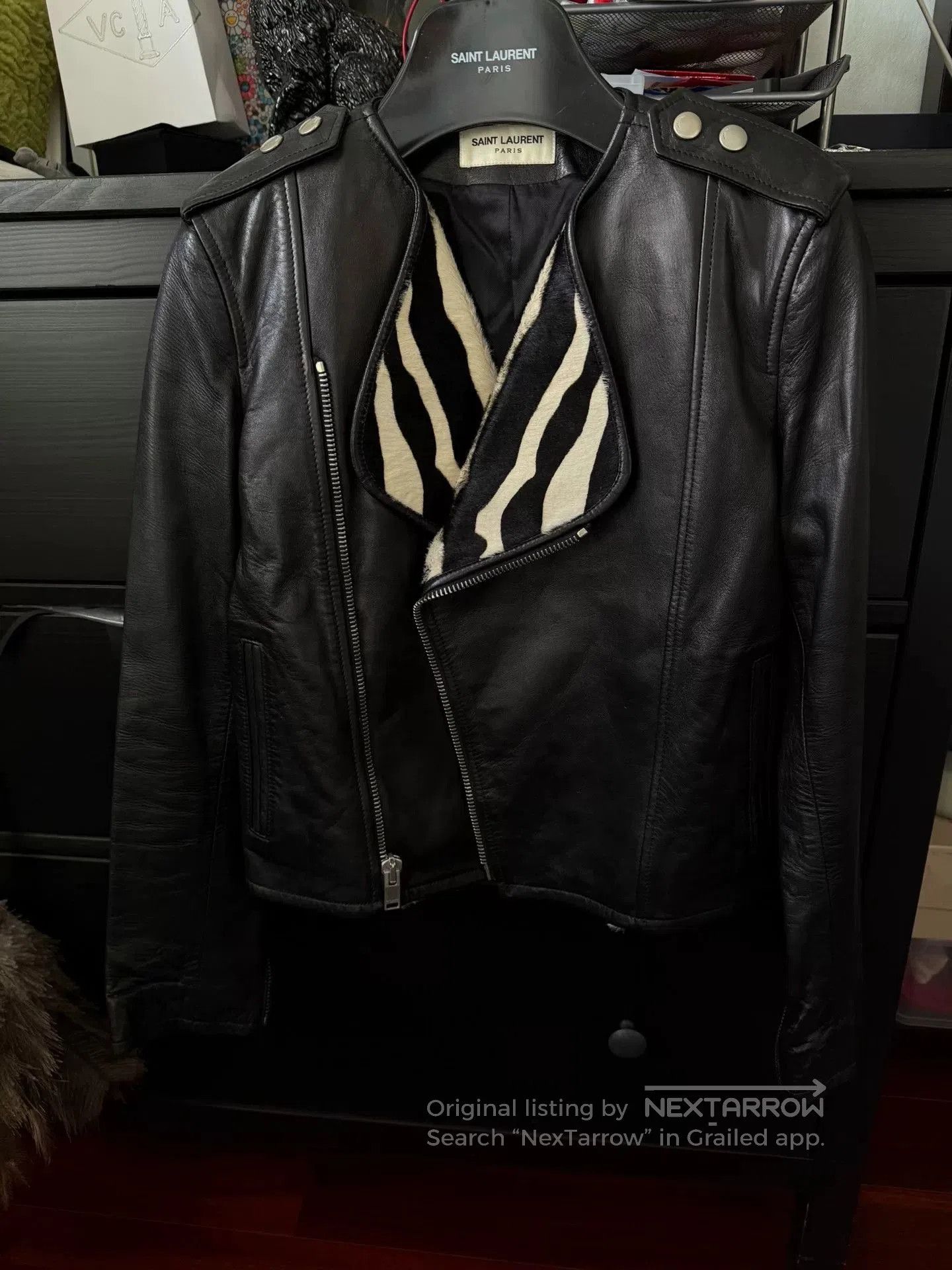 Saint Laurent Paris Saint Laurent Black Leather Jacket Zebra Collar. Size XS / US 0-2 / IT 36-38 - 1 Thumbnail