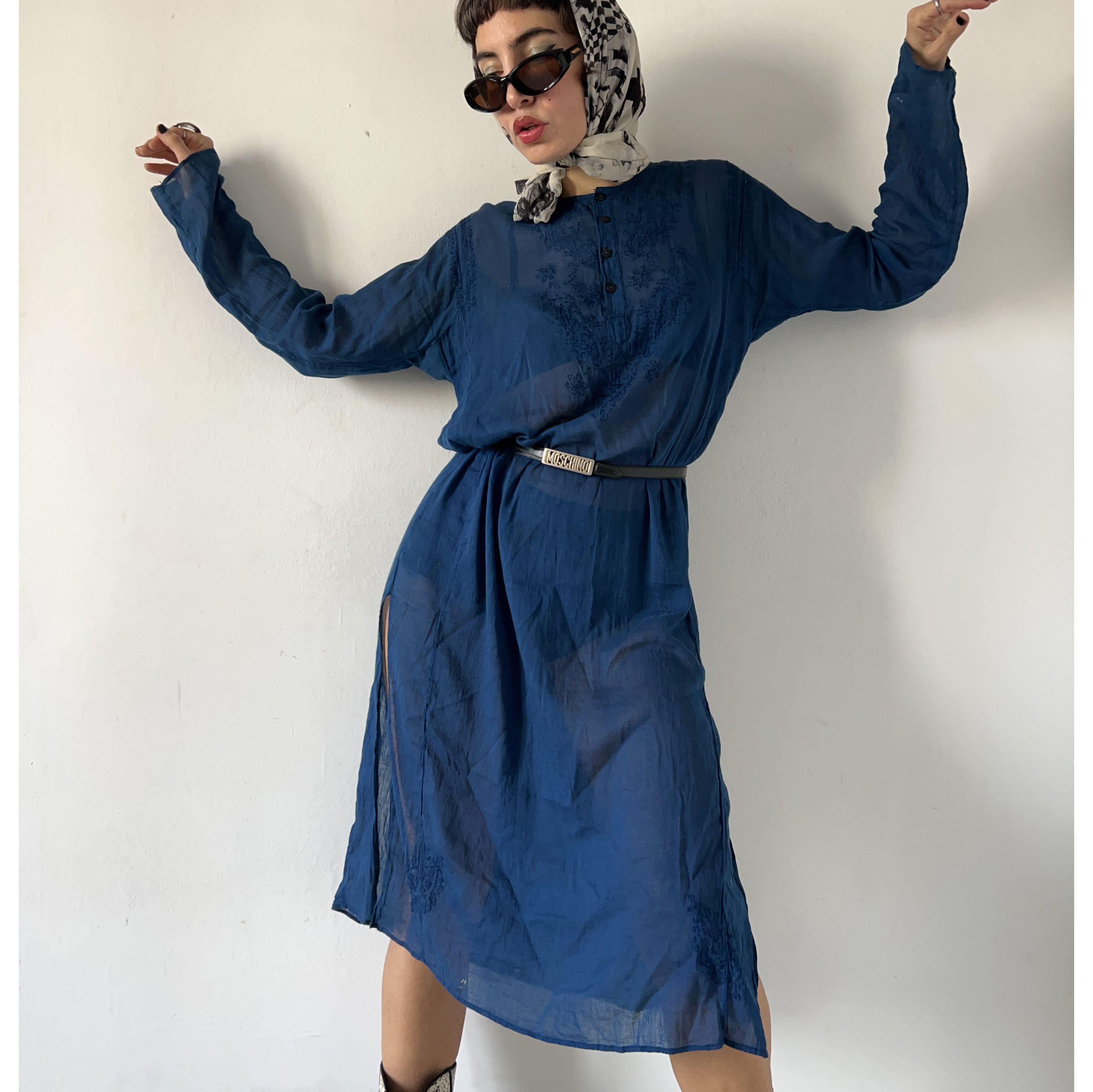 Vintage Cobalt blue Indian boho sheer dress cover-up Size L / US 10 / IT 46 - 2 Thumbnail