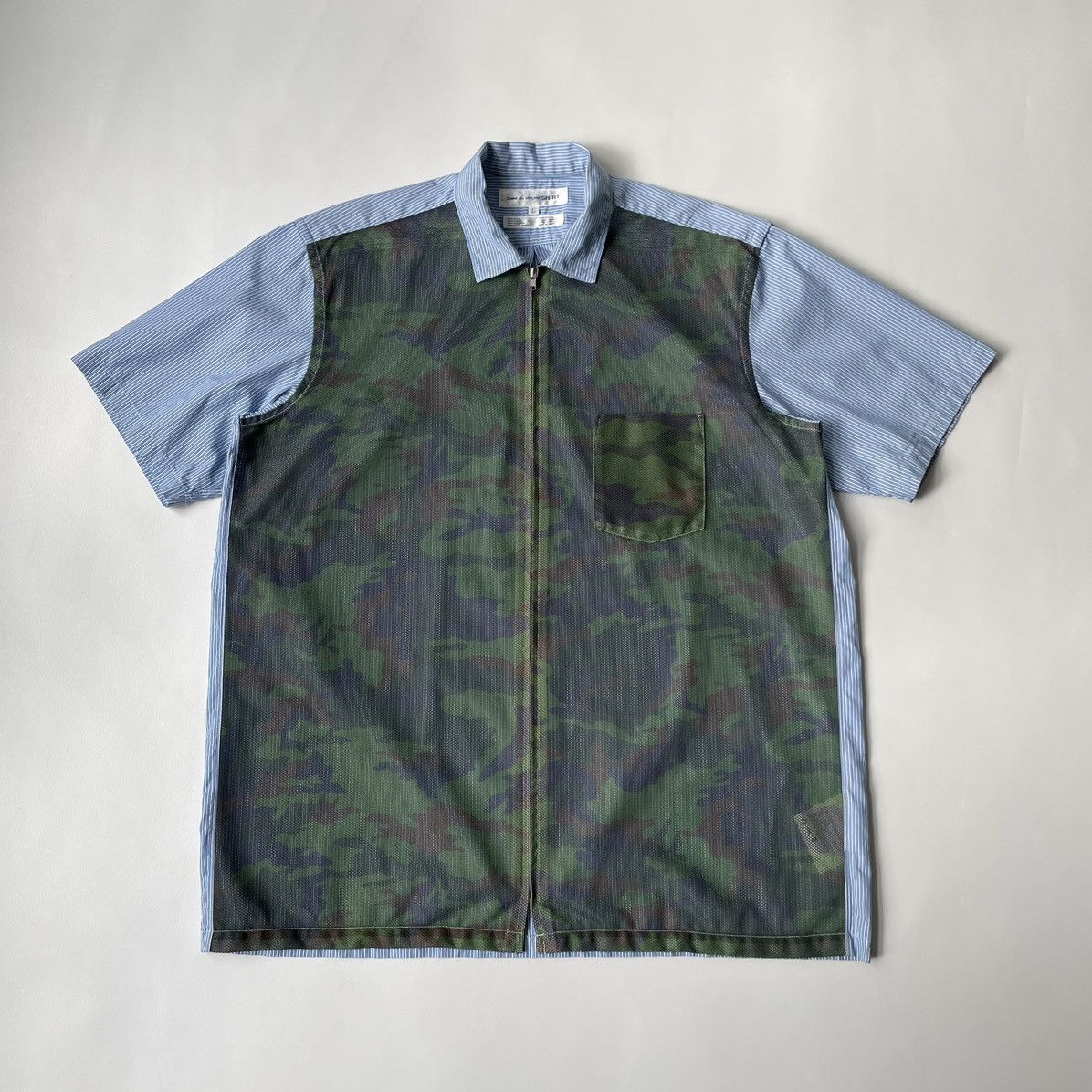 Pre-owned Comme Des Garçons Mesh Camo + Stripe Zip Shirt In Multicolor