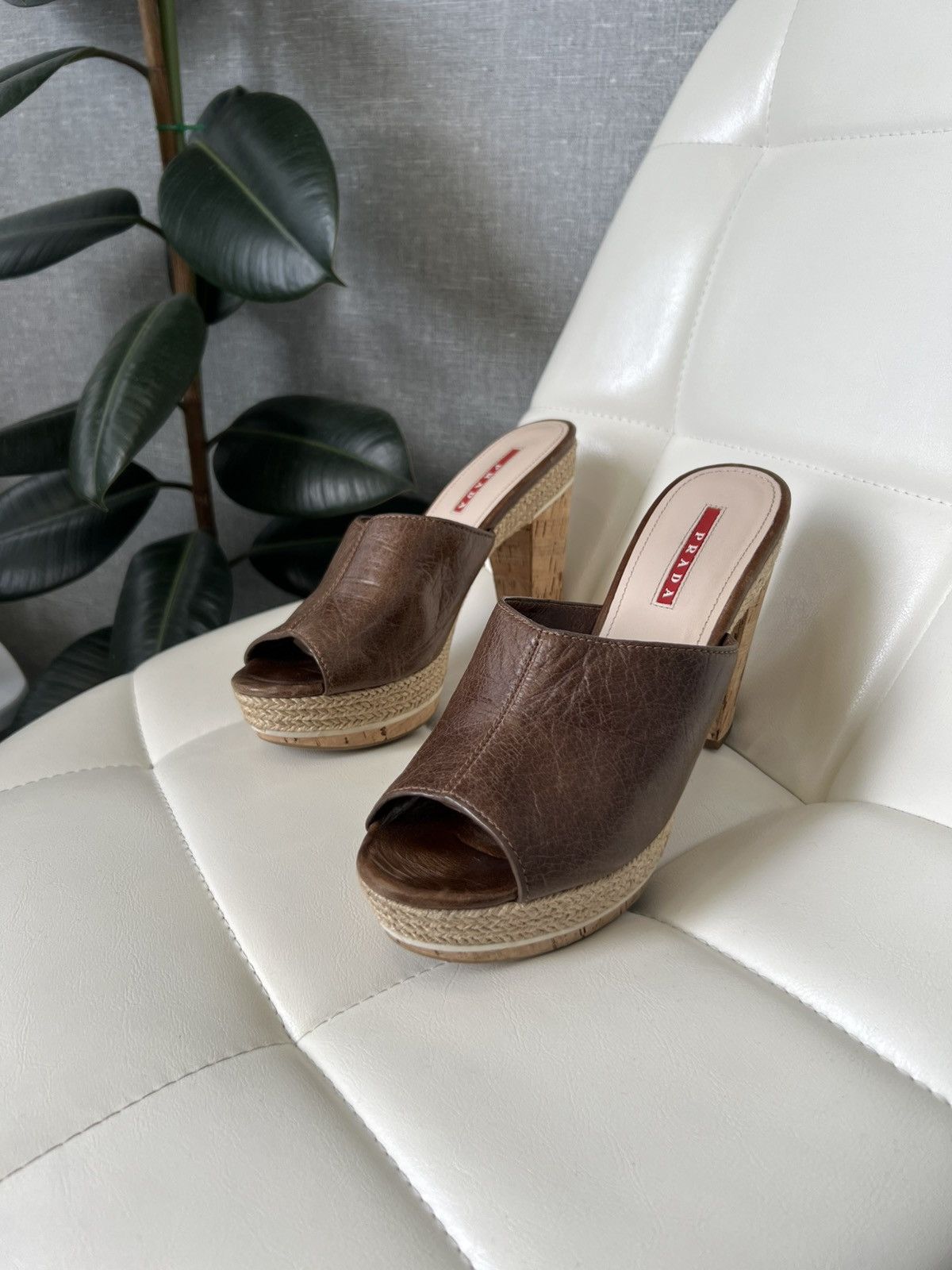 Italian Designers Prada Leather Platform Mules Cork Heel Shoes Woven Trim Sandals in Brown, Women's (Size 8)