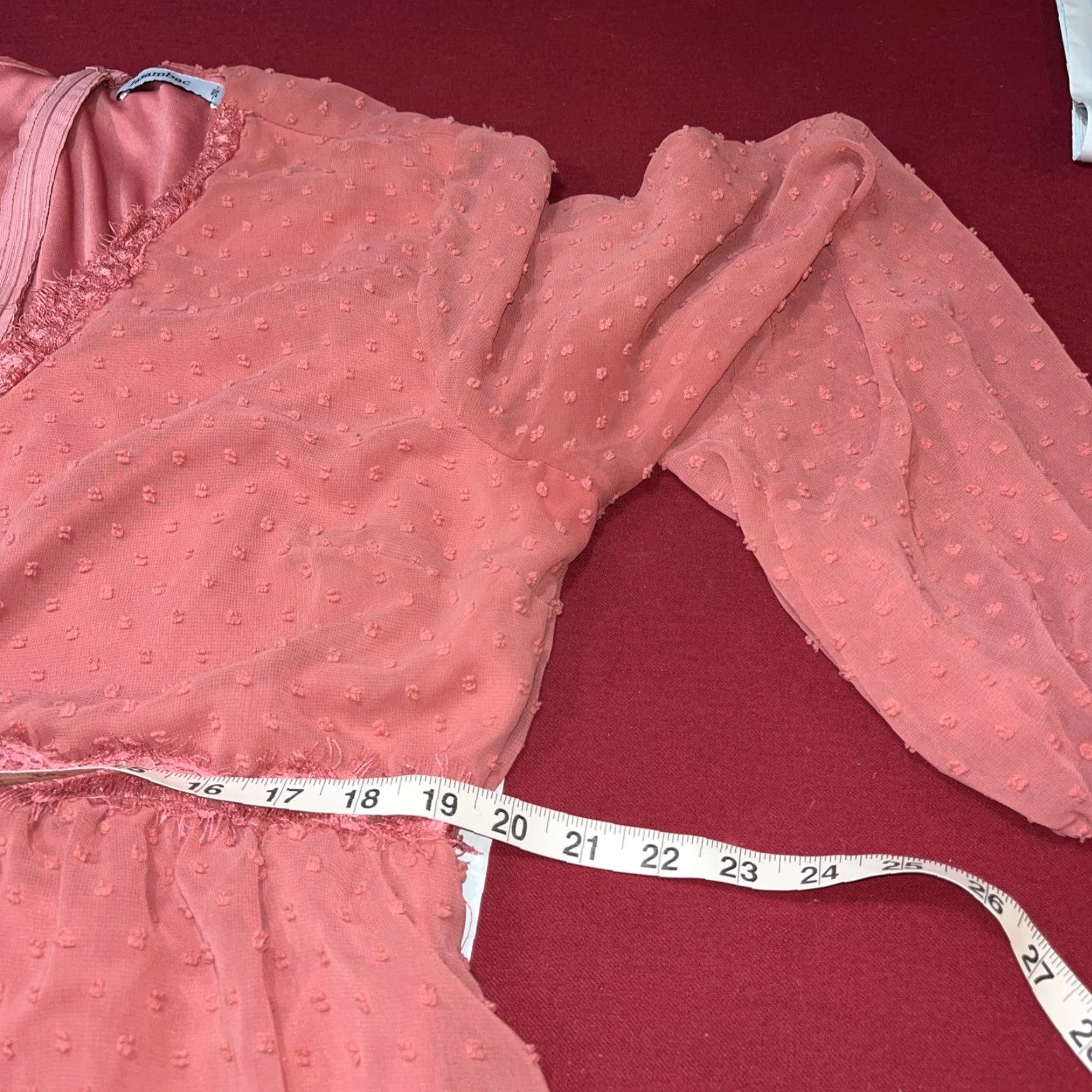 Vintage JASAMBAC Dusty Rose DRESS V-neck High Waist Swiss Minky Dot Chiffon Long Sleeves Size XXL / US 16-18 / IT 52-54 - 5 Thumbnail