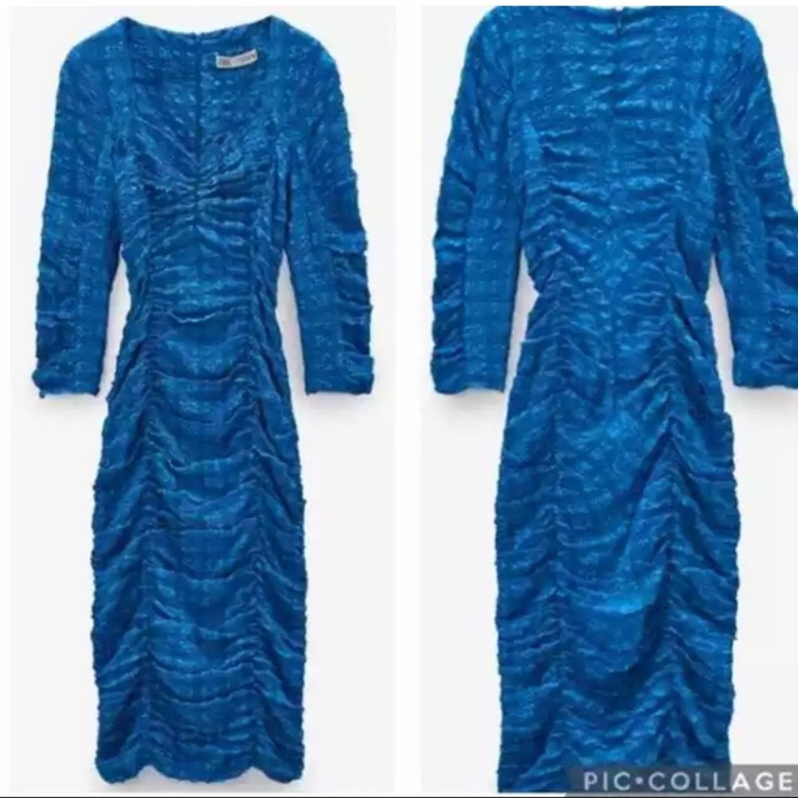 Zara Zara Bright Blue Ruched Bodycon Midi Dress Bloggers Size L / US 10 / IT 46 - 10 Thumbnail