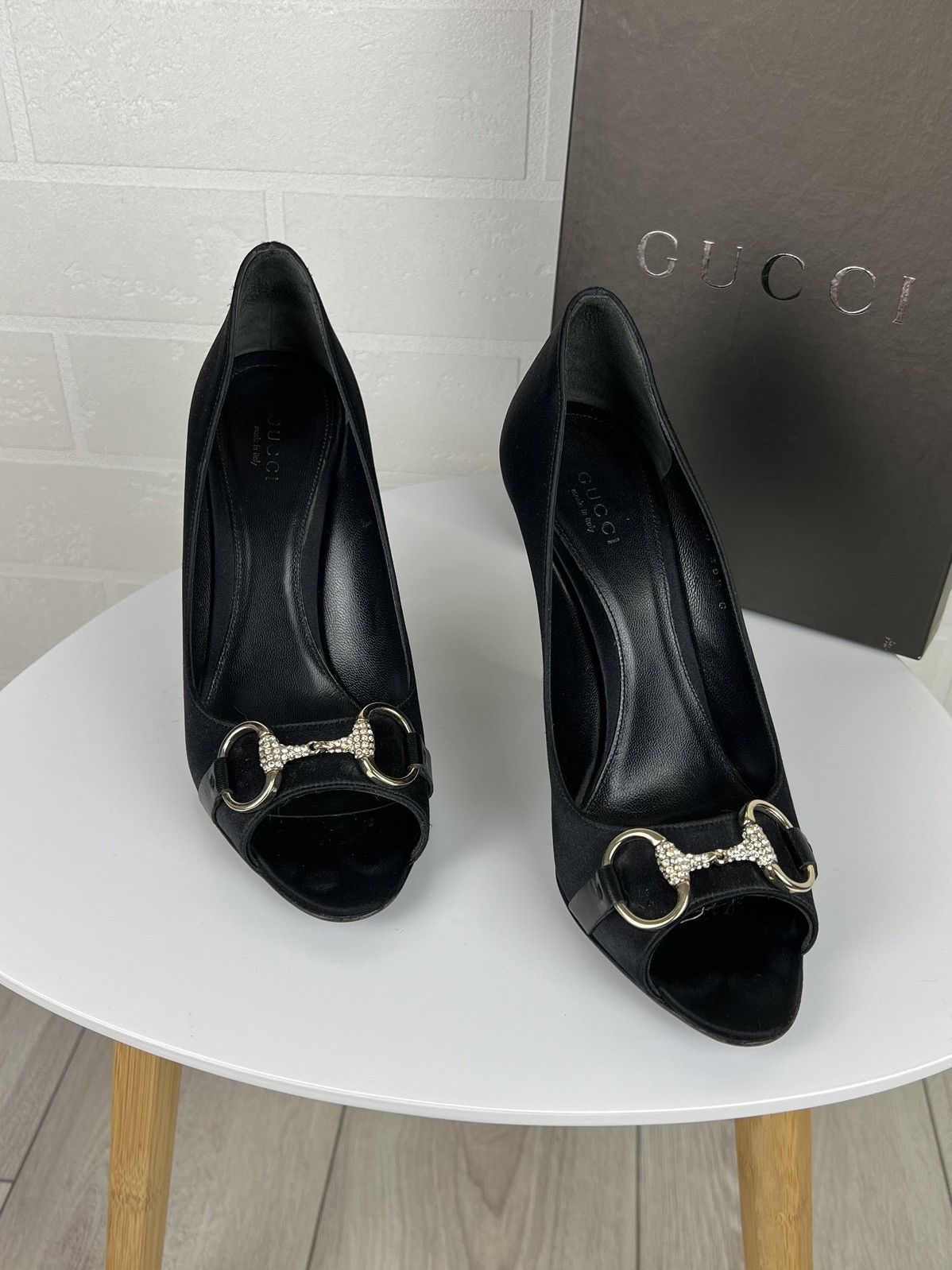 Gucci GUCCI Heels Satin Shoes Rhinestone Crystal Horsebit Peep Toe Size US 8.5 / IT 38.5 - 3 Thumbnail