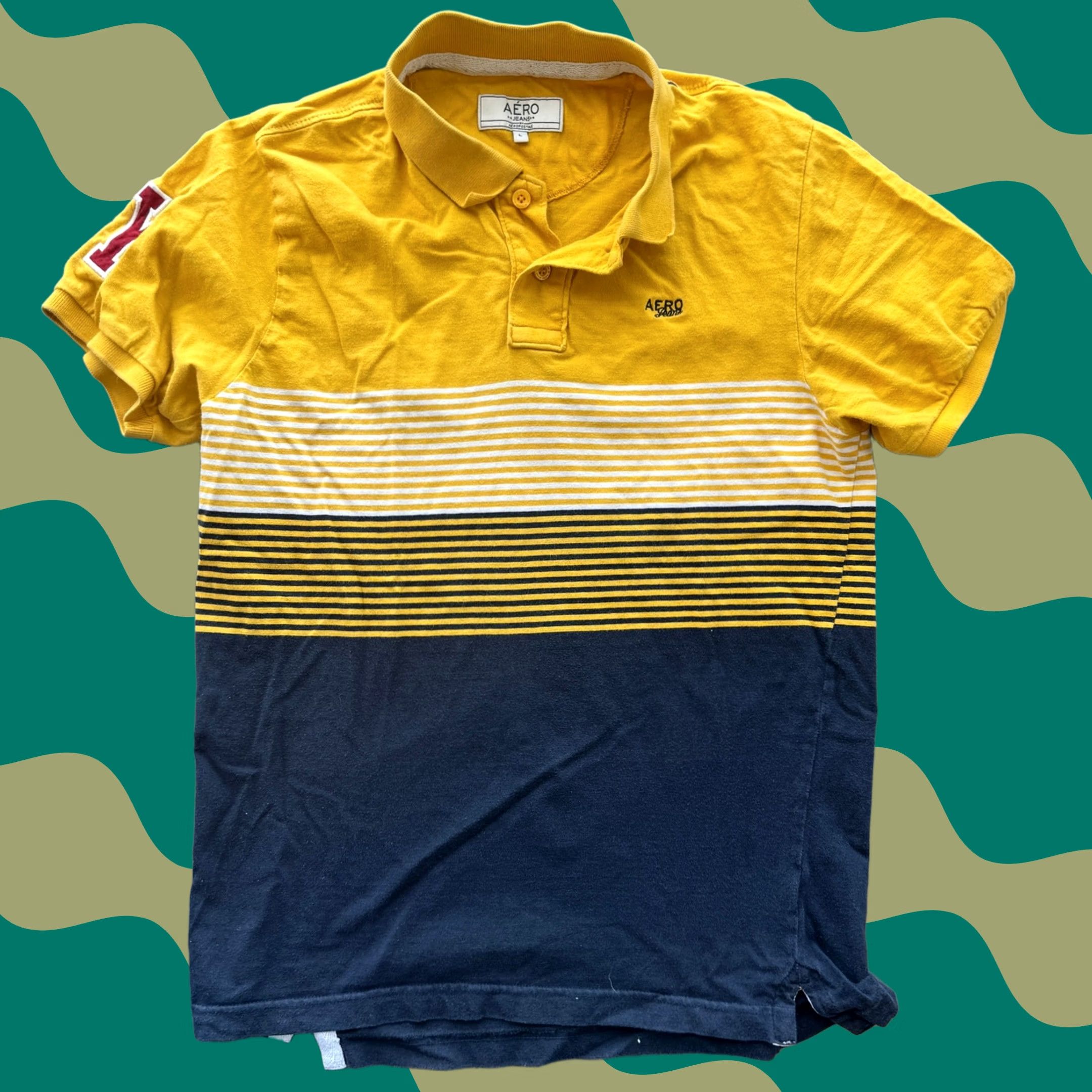 Aeropostale VINTAGE Aeropostale Aero Jeans Polo Patchwork Striped Yellow Blue M/L Shirt Mens Yellow Size US L / EU 52-54 / 3 - 1 Thumbnail
