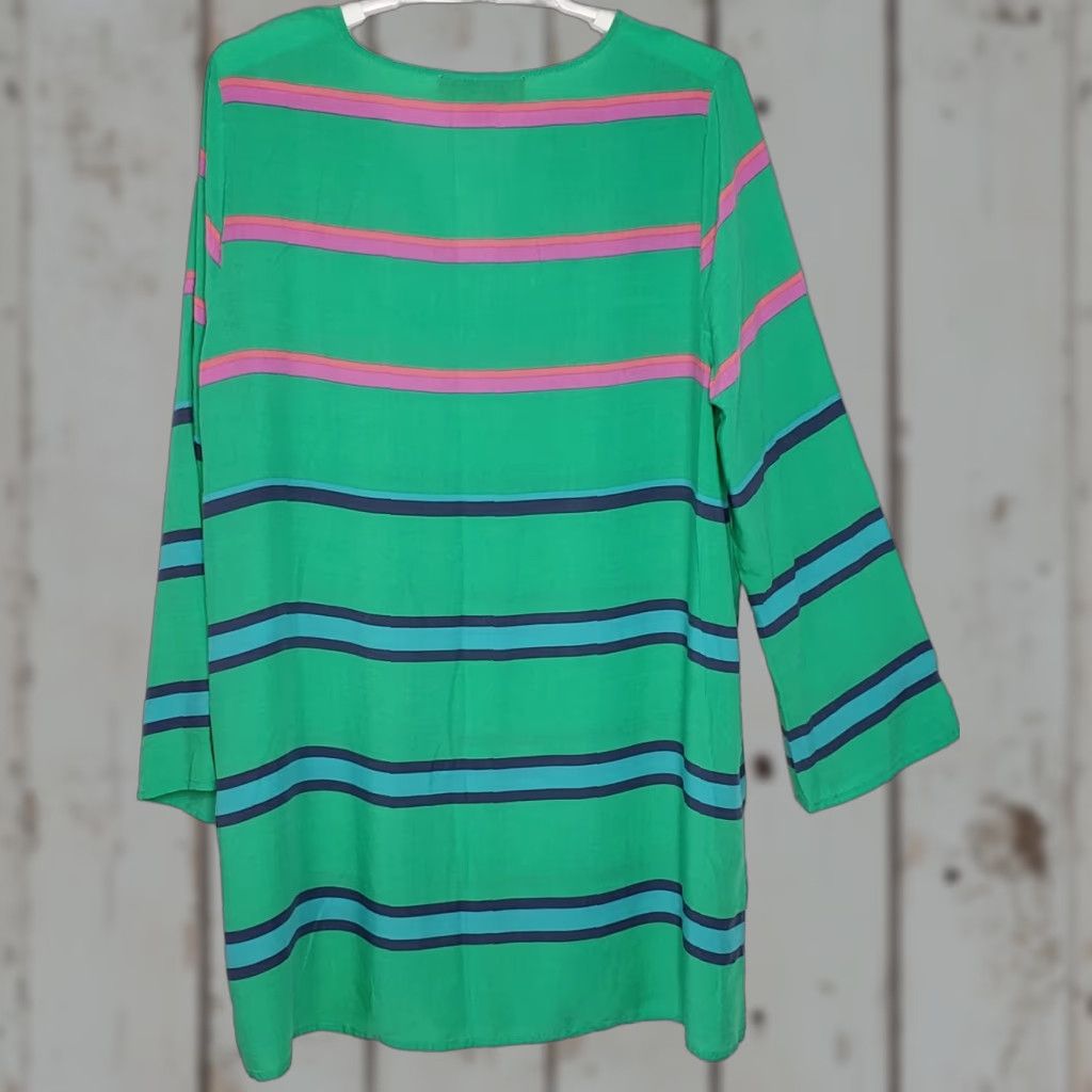 Vintage Belle Gray Tunic Top - Women Large Long Sleeve Green Stripe V-Neck Side Slit Rayon Blouse Shirt Size L / US 10 / IT 46 - 1 Thumbnail