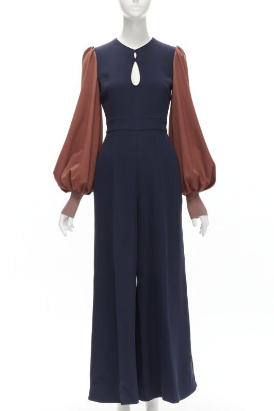 ROKSANDA navy brick red puff sleeve keyhole neckline wide leg jumpsuit UK6 XS