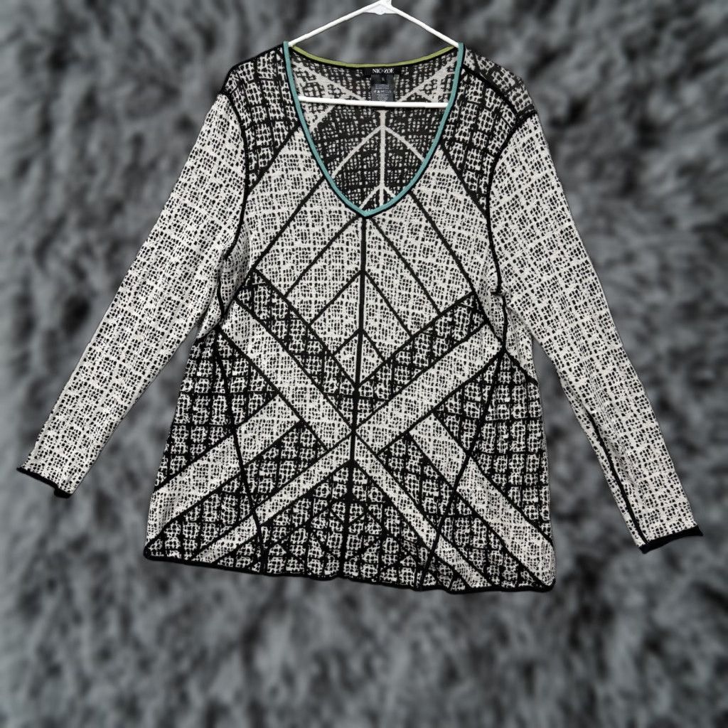 NIC+ZOE NIC+ZOE Tunic Sweater Womens XL Black White Knit Geometric Lagenlook Boho Chic Size XL / US 12-14 / IT 48-50 - 1 Thumbnail