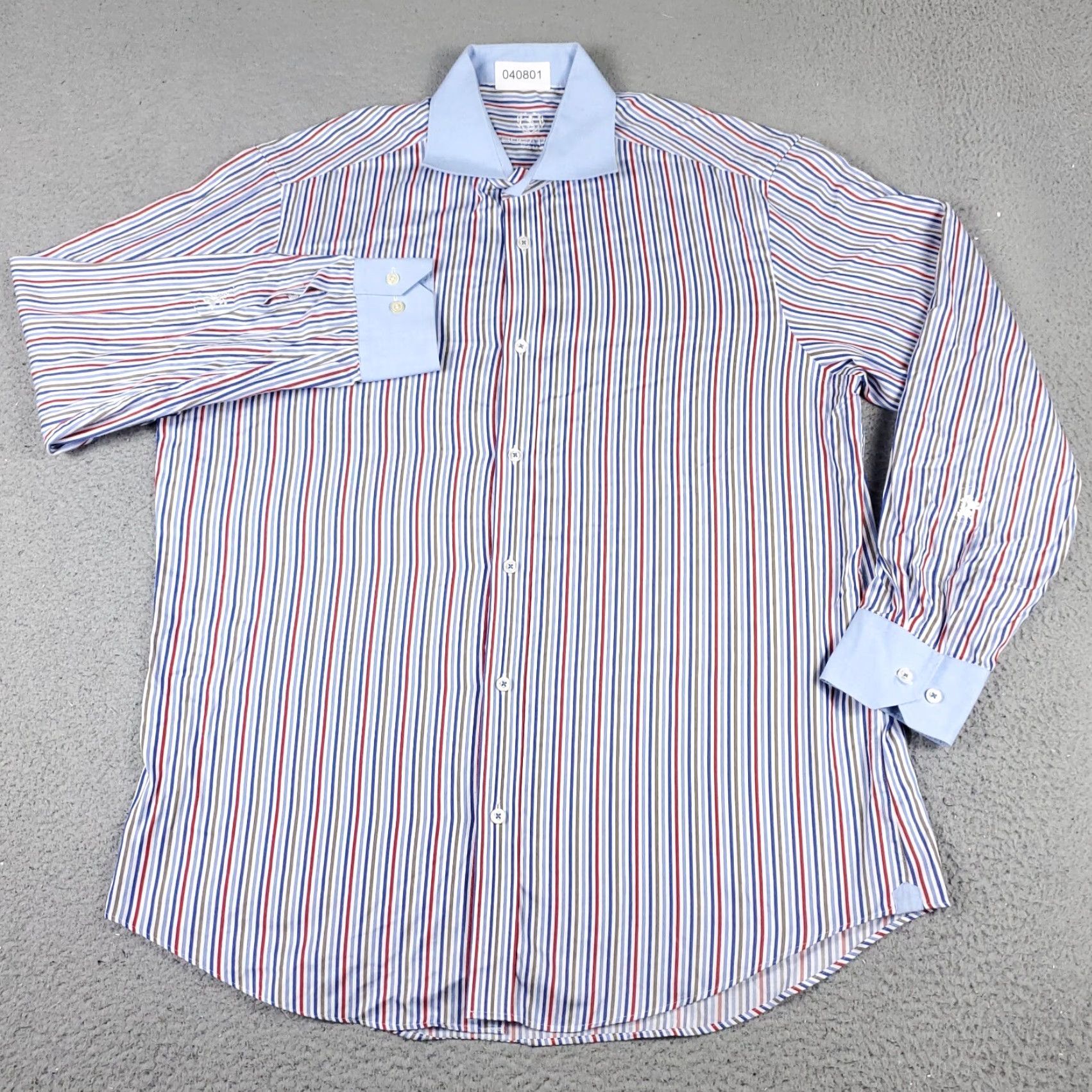 BUGATCHI Bugatchi Uomo Dress Shirt Mens 17 Blue Red Striped Long Sleeve Button-Up Classic Casual Size 46R - 2 Thumbnail