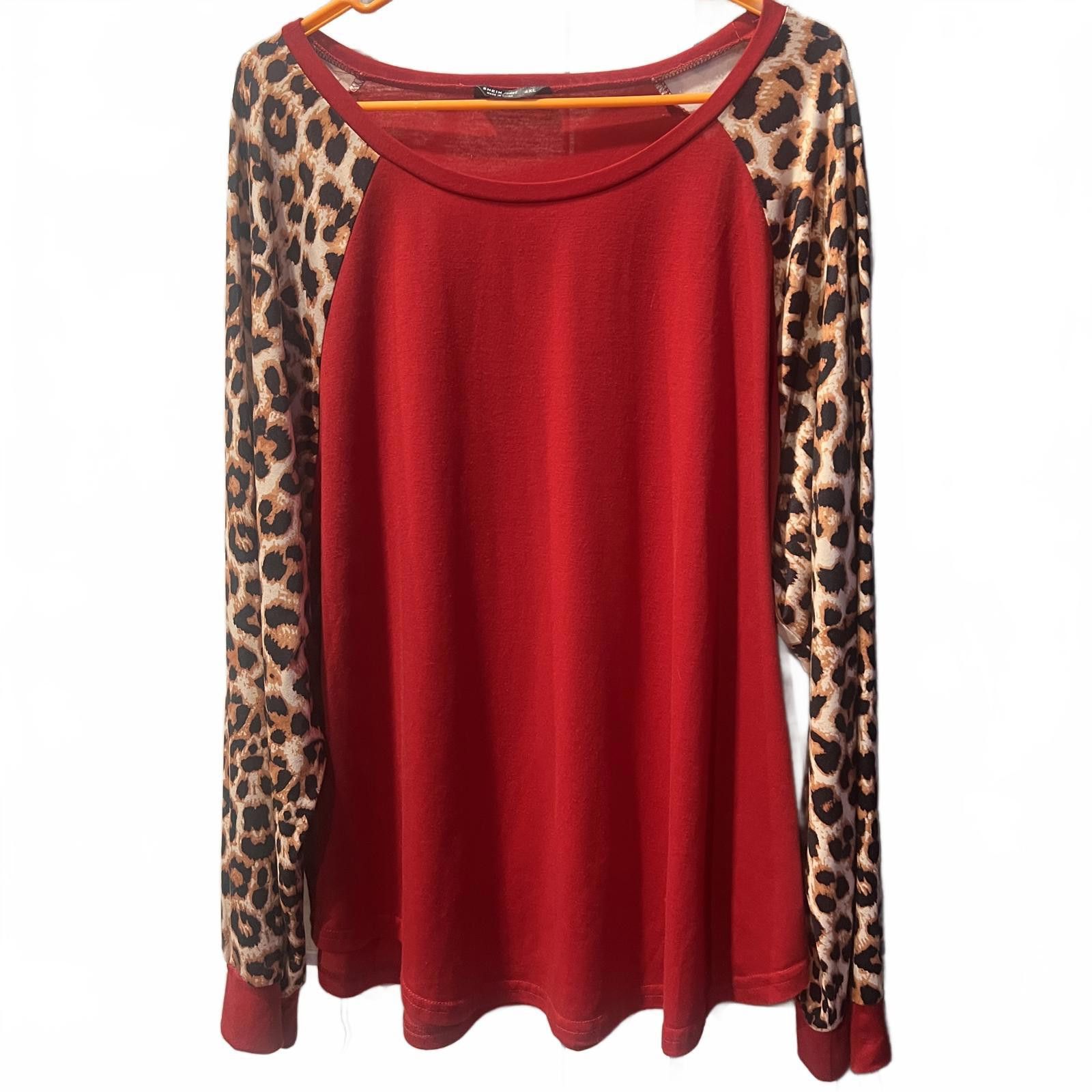 Shein SHEIN Curve Red Long Sleeve Top with Leopard Print Sleeves, Size 4XL / US 24-26 - 1 Thumbnail