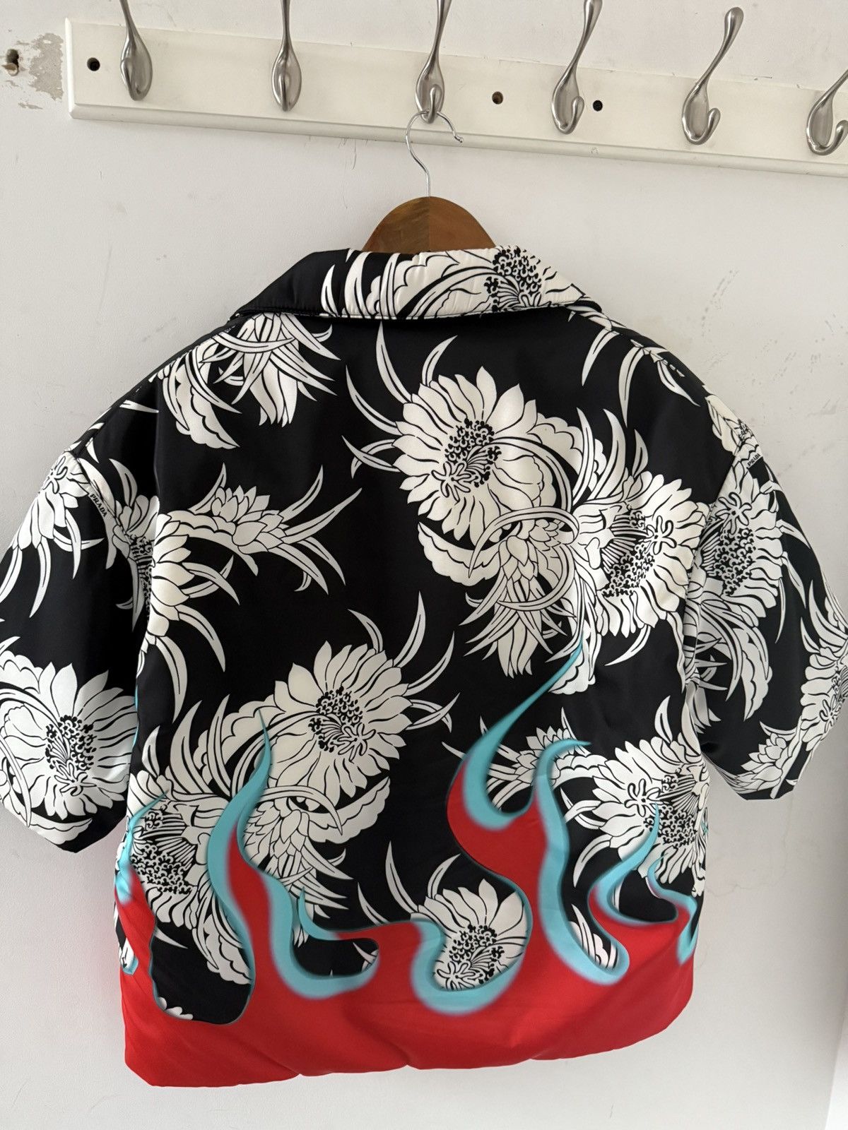 Prada oversized floral red flame nylon puffer shirt jacket