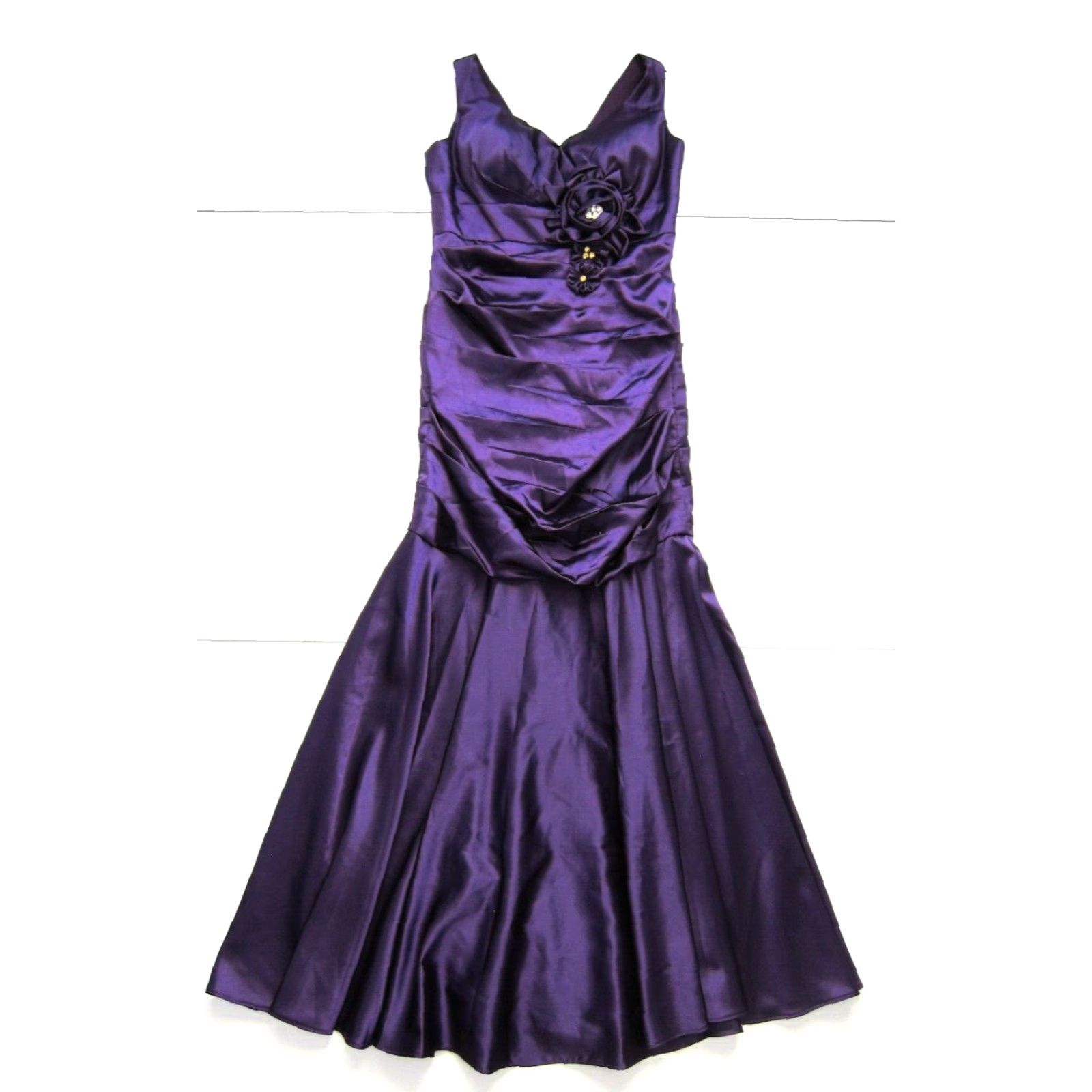 Vintage Vtg Cinderella Divine Purple Satin Ruched V-Neck Floral Mermaid Gown Dress M Size M / US 6-8 / IT 42-44 - 2 Thumbnail
