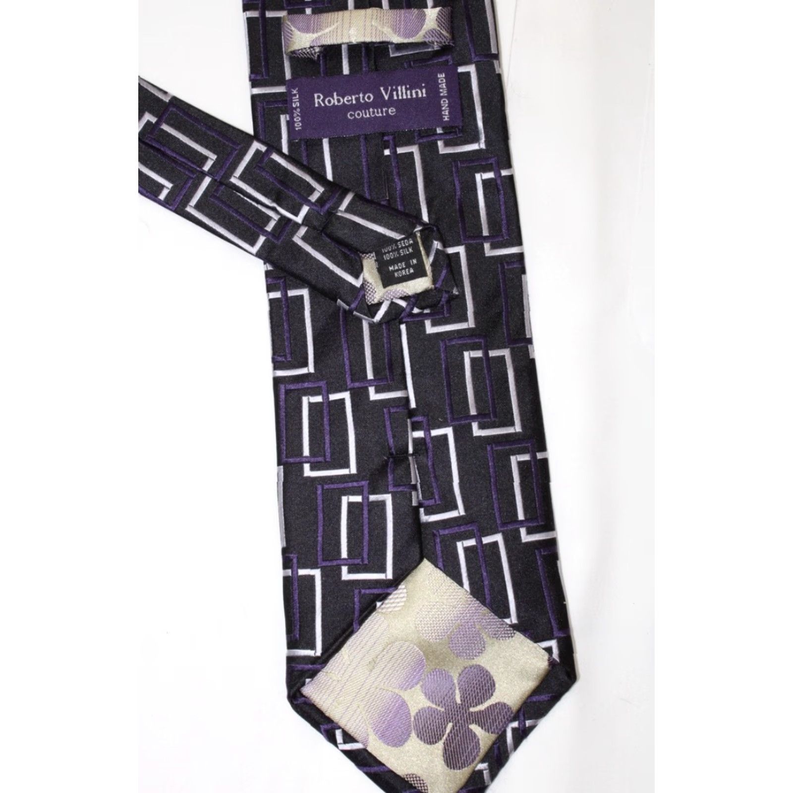 Etro Roberto Villini Couture Mens Silk Tie Black Retro Geometric Rectangles Necktie - 58.5" X 4" Size ONE SIZE - 5 Thumbnail