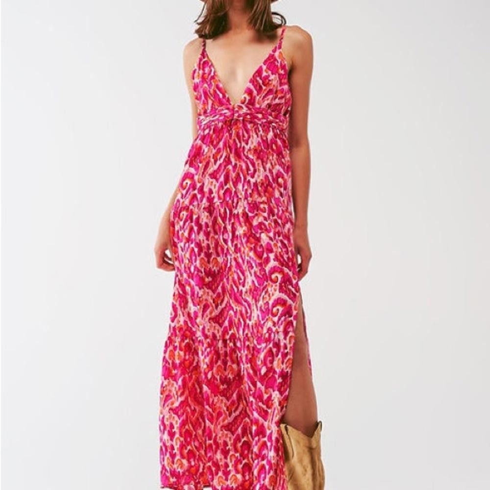 Floral Print Maxi Dress With v Neck in Pink