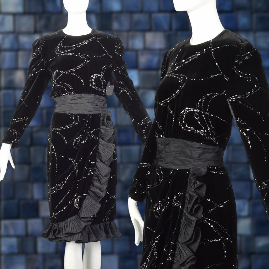 VINTAGE Escada Dress Black Velvet Glitter Cocktail Gown 1980s Large Women's L Golden Decade 80s Mens Womens