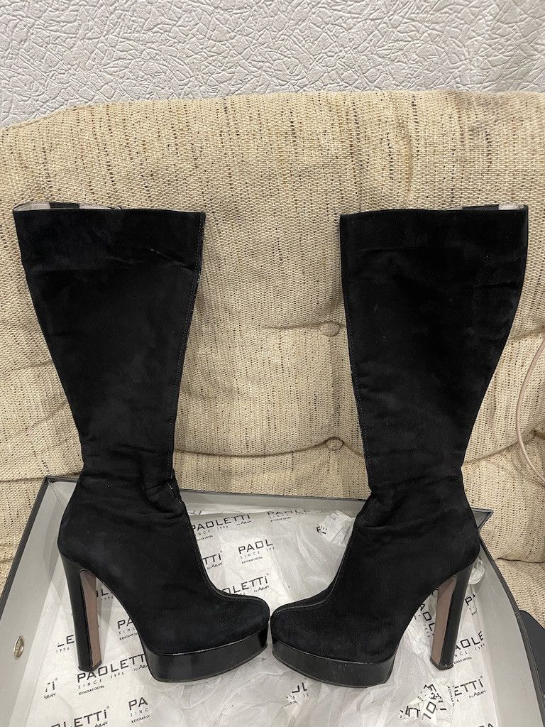 Paoloni Vintage PAOLETTI By Aslan Suede-Leather Black Full-Zip High Knee Boots Heels Shoes 36 Size US 6 / IT 36 - 1 Thumbnail