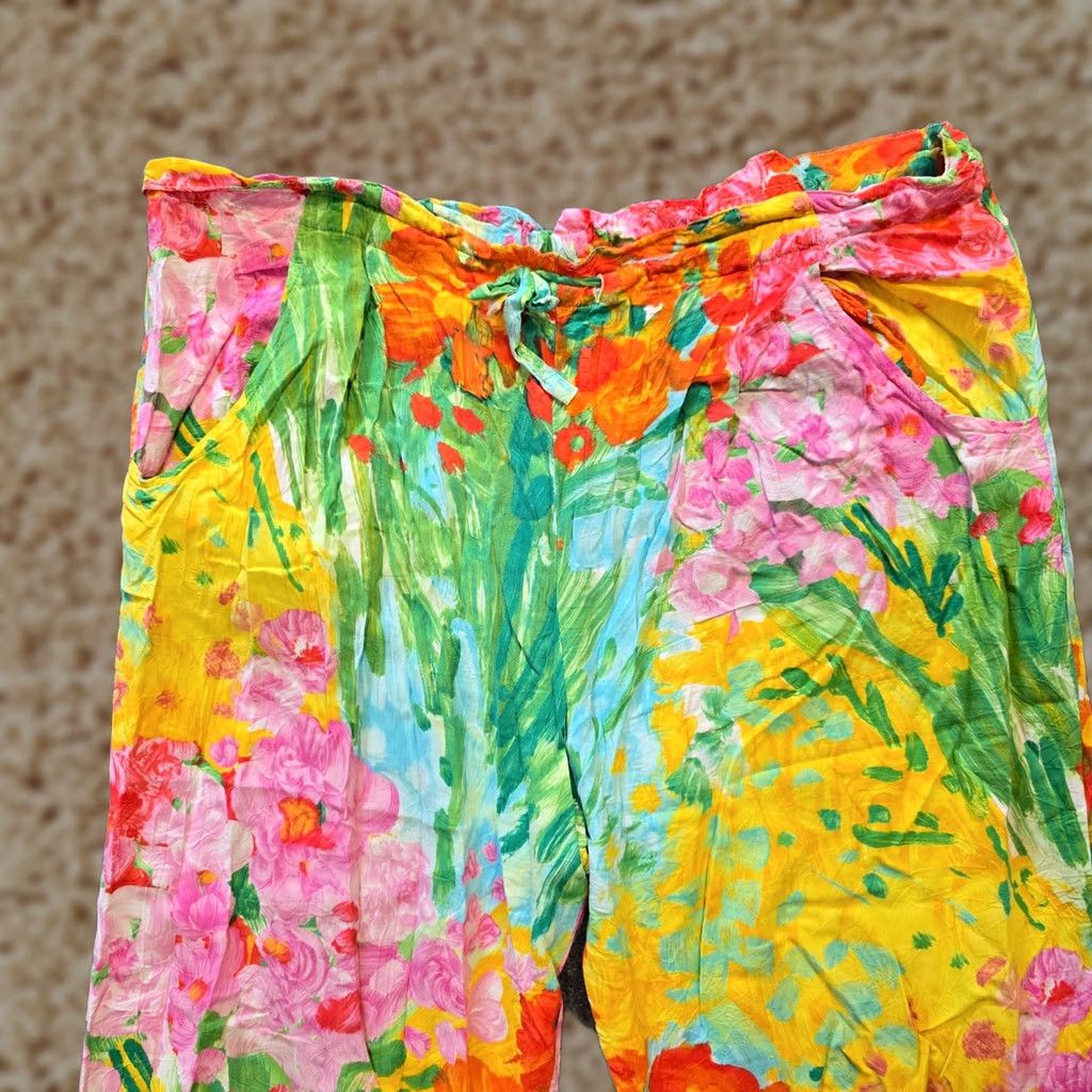 Jams World Jams World Pants Women Medium Pink Floral Cropped Bouquet Brush Drawstring Aloha Size 32" / US 10 / IT 46 - 1 Thumbnail