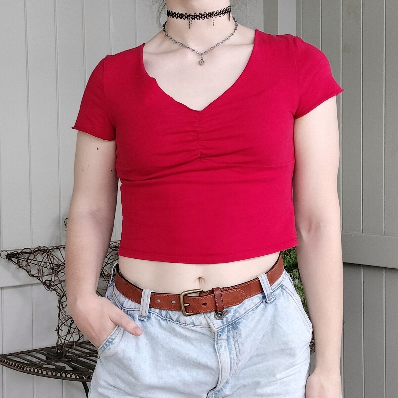 Other Ally Crop Top Short Sleeve Ruched Baby Tee Lettuce Hem Size M / US 6-8 / IT 42-44 - 1 Thumbnail